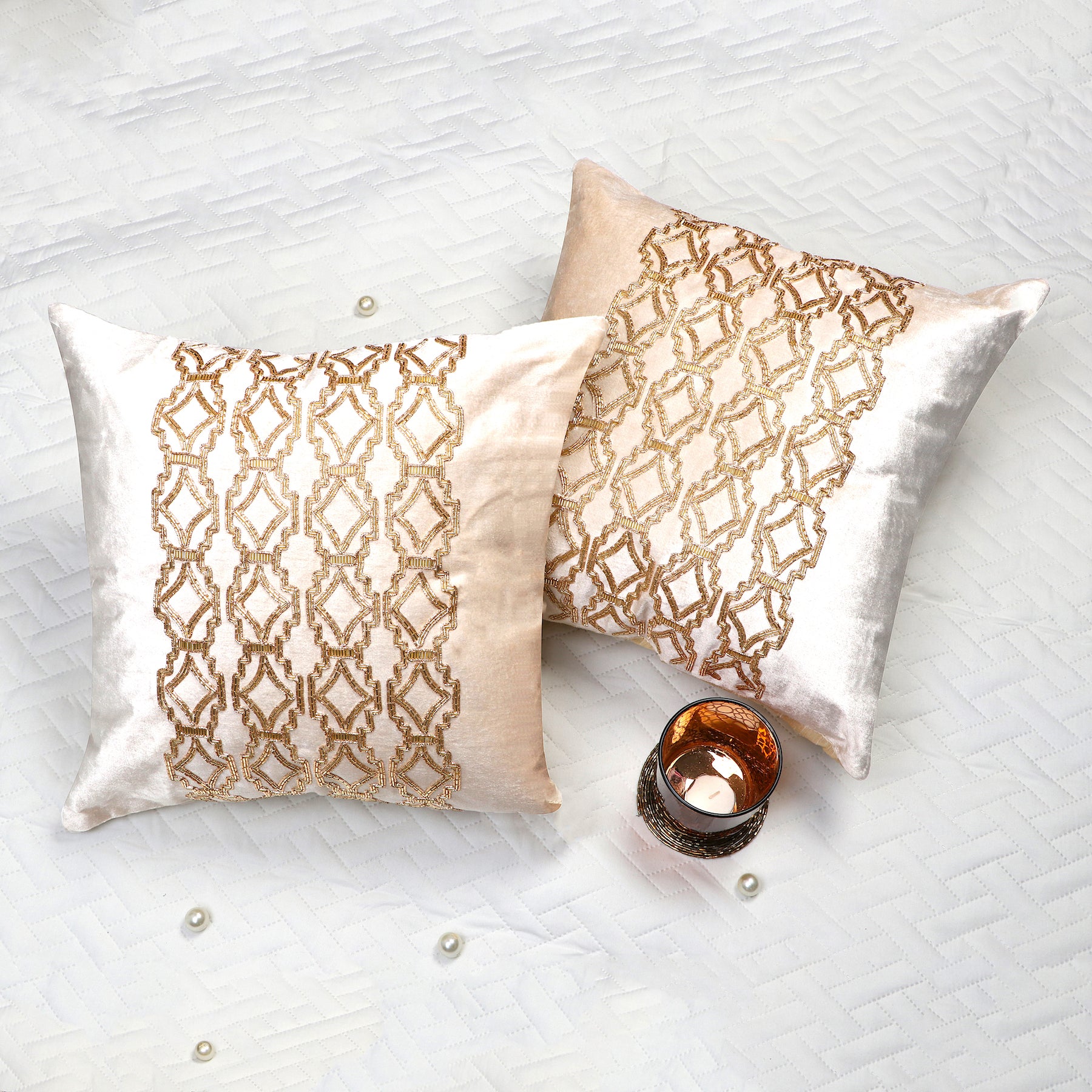 The Vintage criss cross Pillow cover Beige Velvet Decorative Throw Pillow cover Beaded in Criss cross pattern