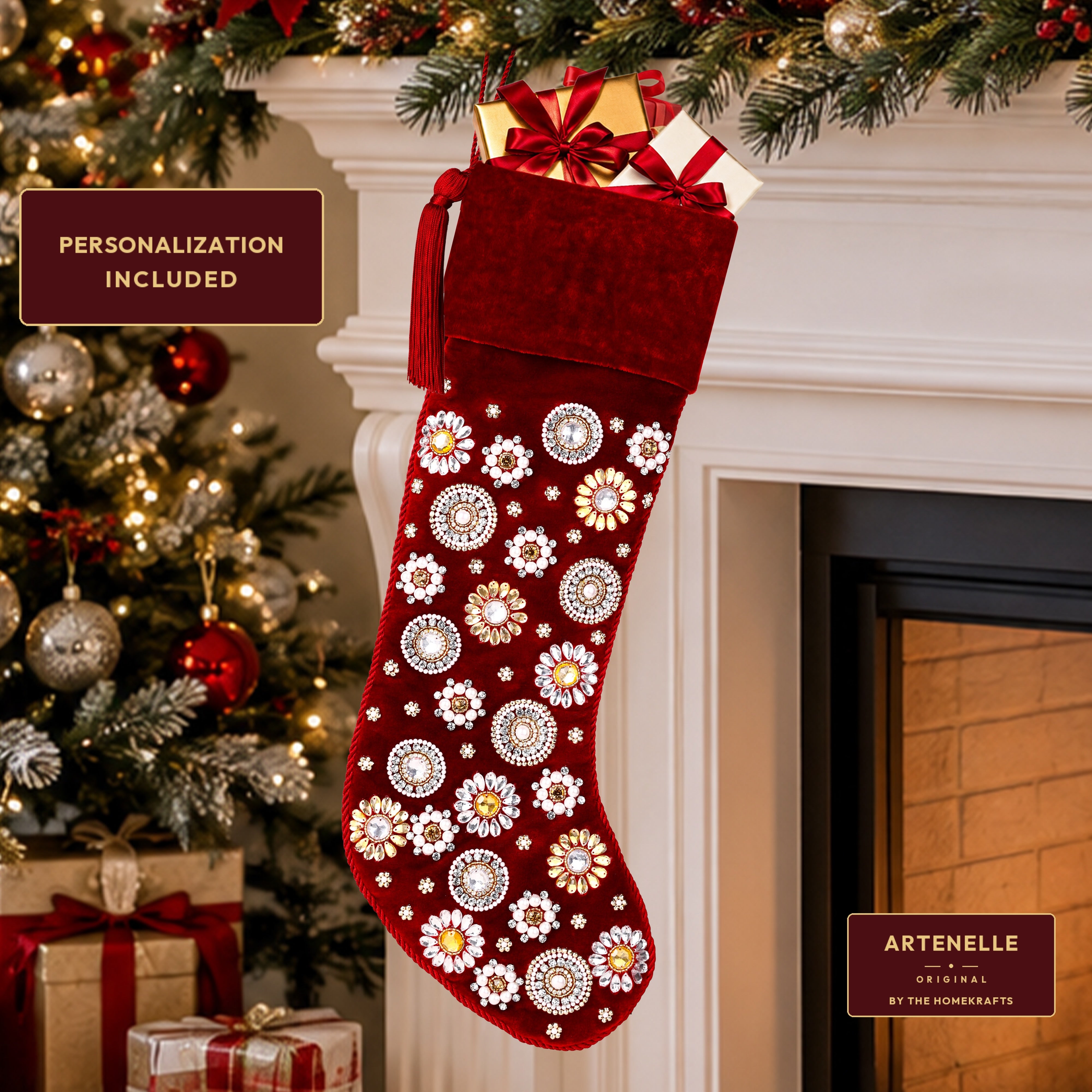 Beaded Jeweled Personalized Red Velvet Christmas Stocking