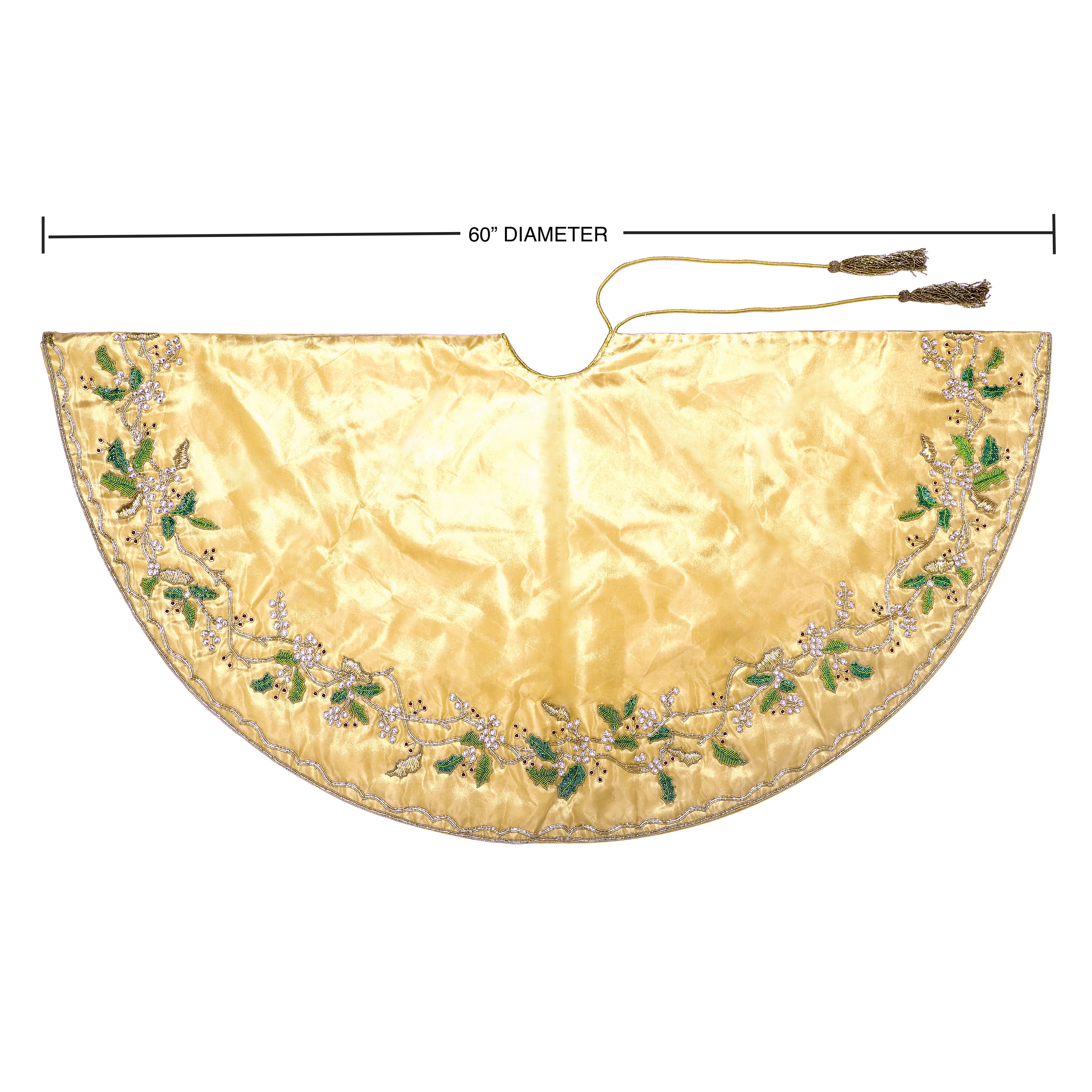 FLORAL WREATH GOLD CHRISTMAS WREATH TREE SKIRT & MATCHING CHRISTMAS STOCKING SET