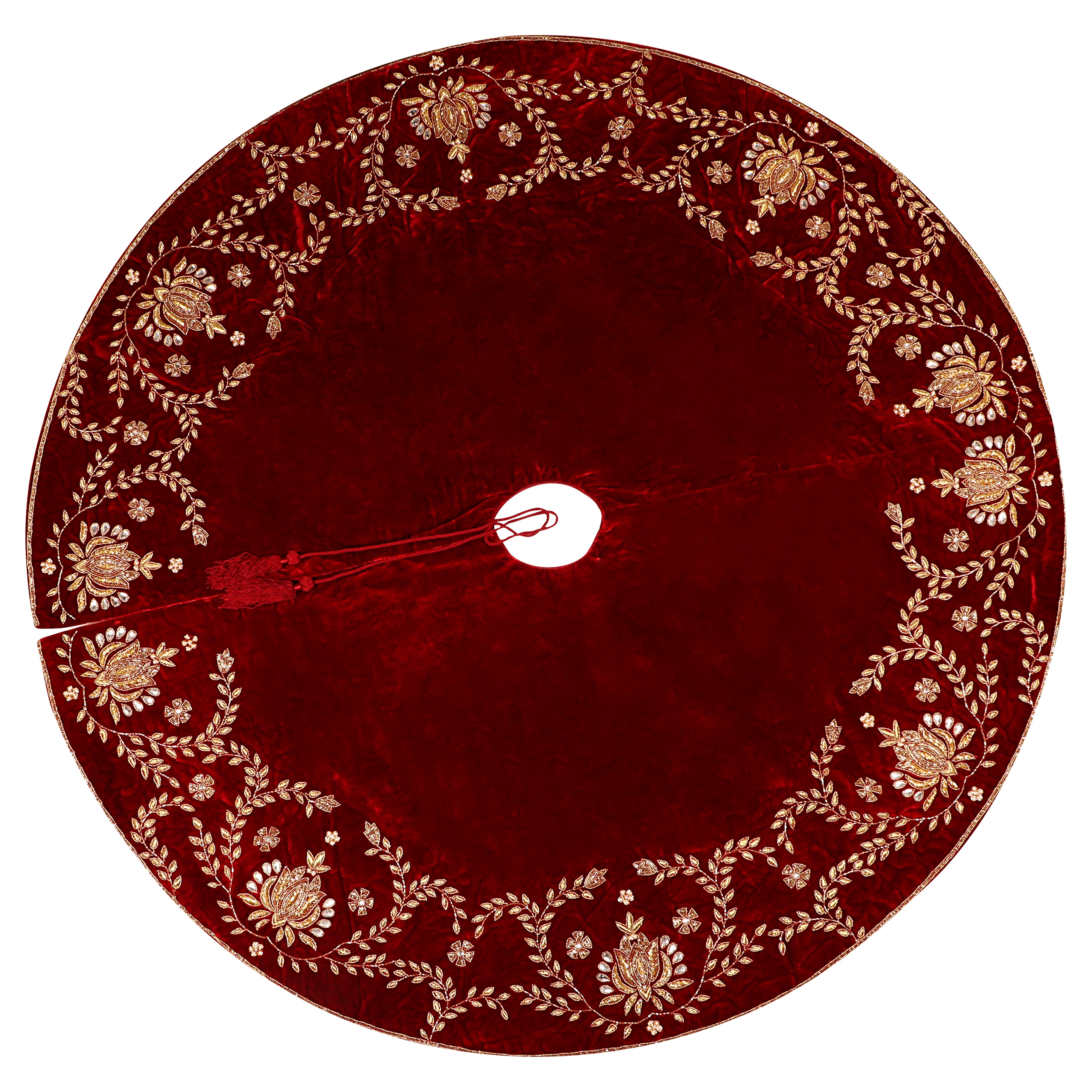 Beaded Lotus Red Velvet Christmas Tree Skirt & Matching Christmas Stocking Set