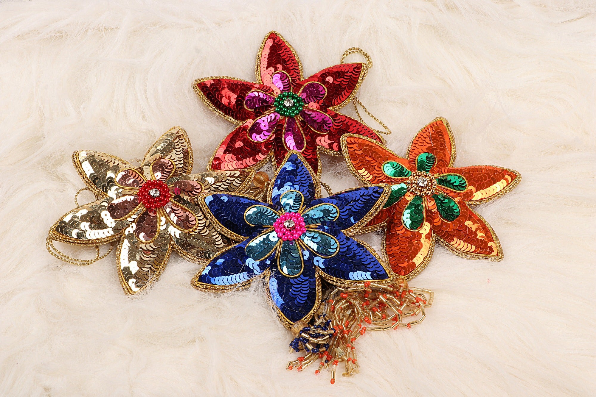 Sparkly Poinsettia Christmas ornaments set of 4 pieces for Holiday Decor