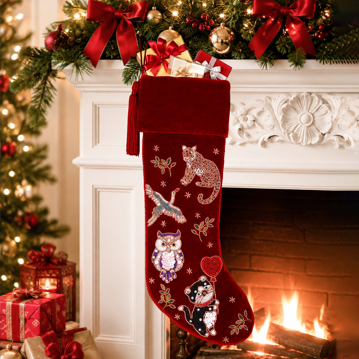 Personalized Beaded Animal Red Velvet Christmas Stocking