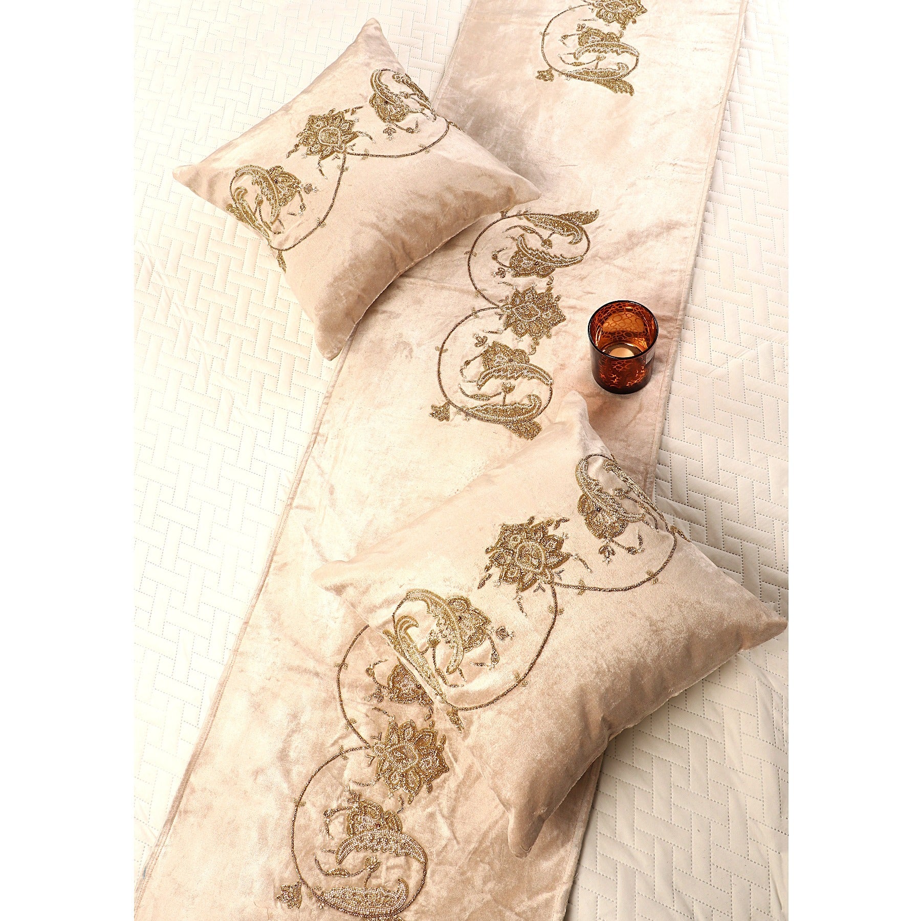 The Victorian Beige Velvet Bed Runner With Matching Decorative Throw Pillows Beaded in victorian Leaf