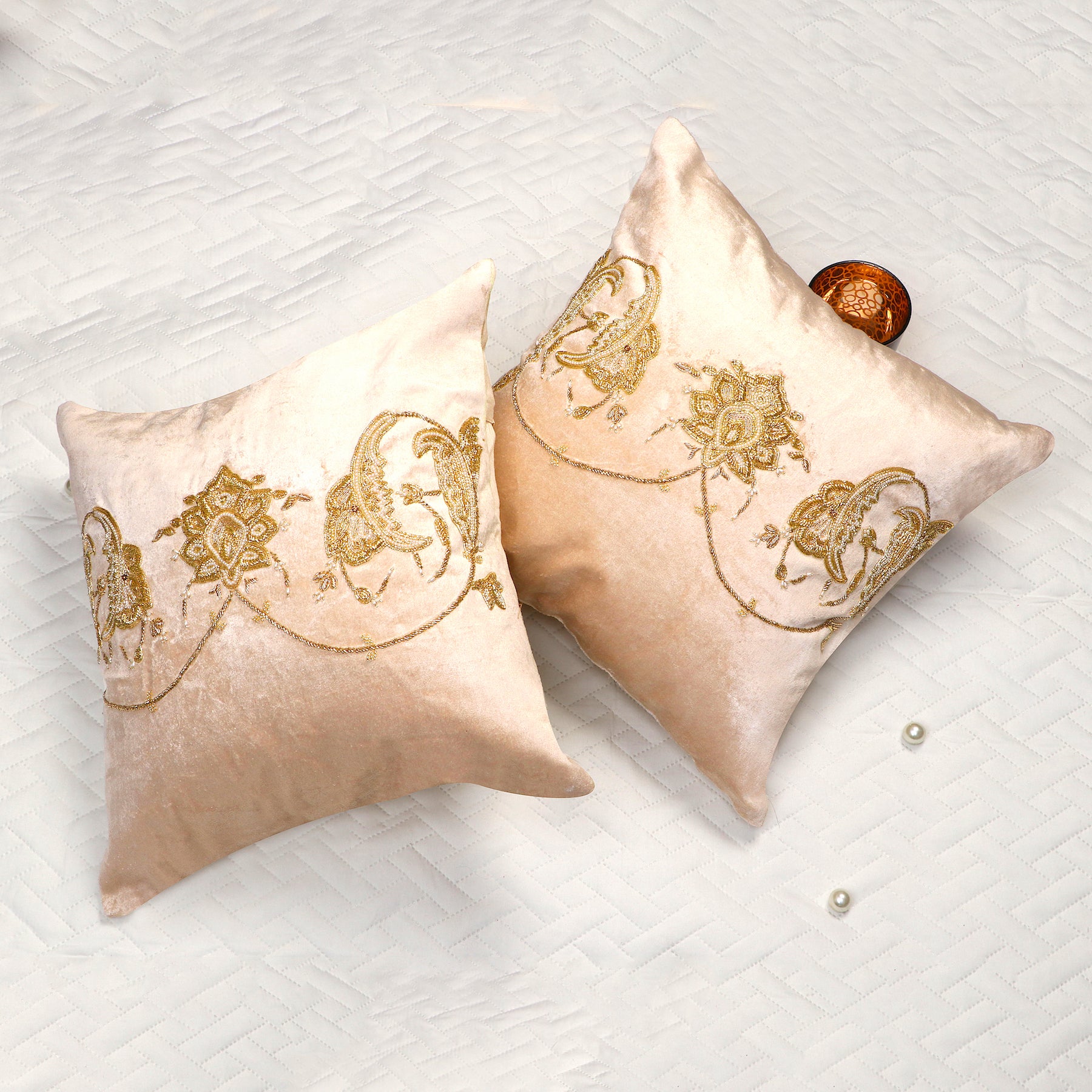 THE VICTORIAN Pillow cover BEIGE VELVET Decorative Throw Pillow cover Beaded in victorian leaf