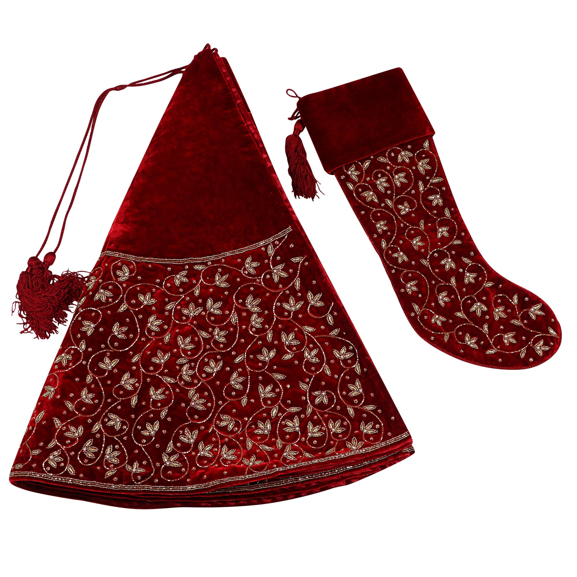 INTIMATE LEAF JAAL RED VELVET CHRISTMAS TREE SKIRT & MATCHING CHRISTMAS STOCKING SET