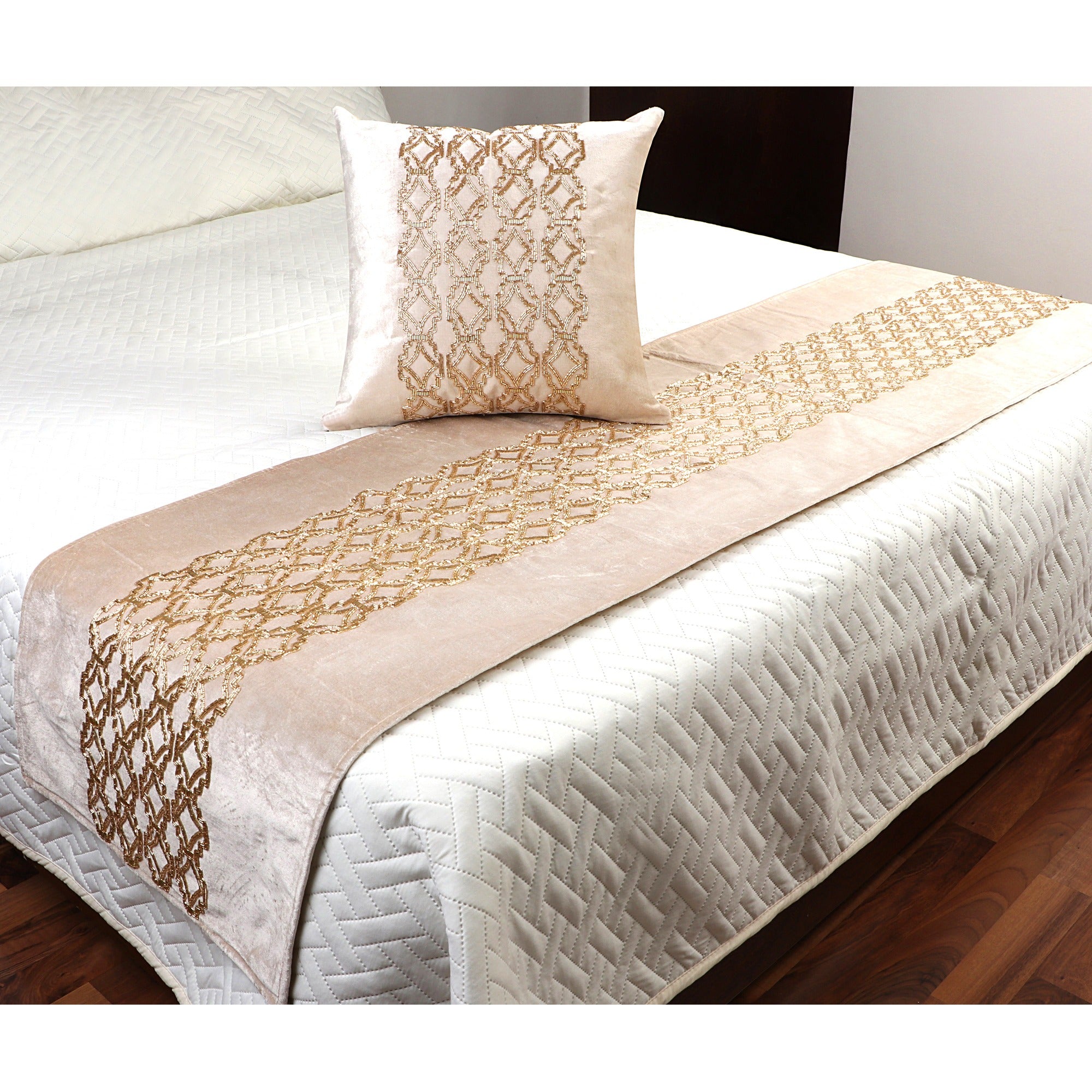 The Vintage criss cross Beige Velvet Bed Runner With Matching Decorative Throw Pillows Beaded in Criss cross pattern