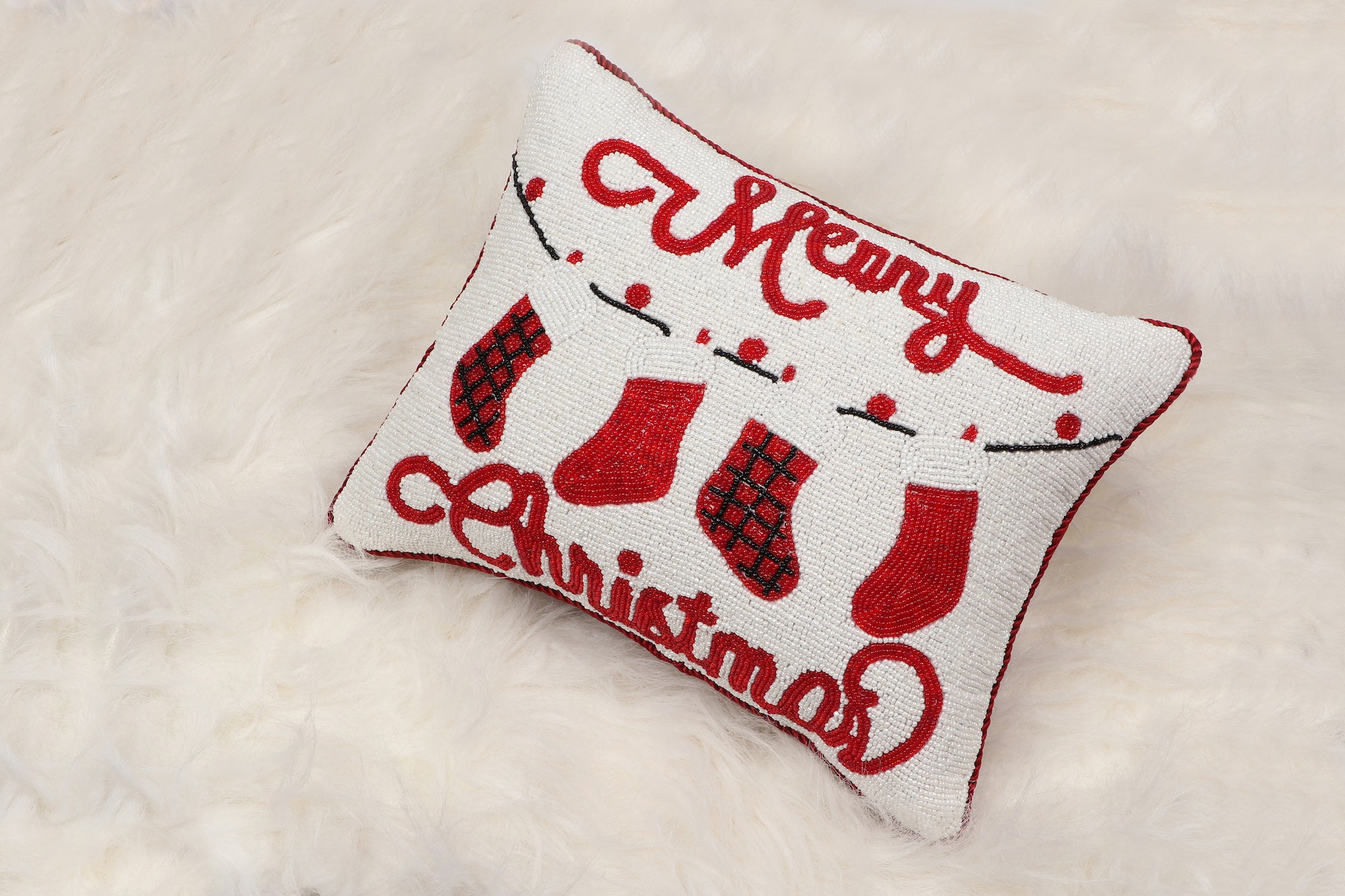 Merry Christmas Pillow Beaded with Glass Beads