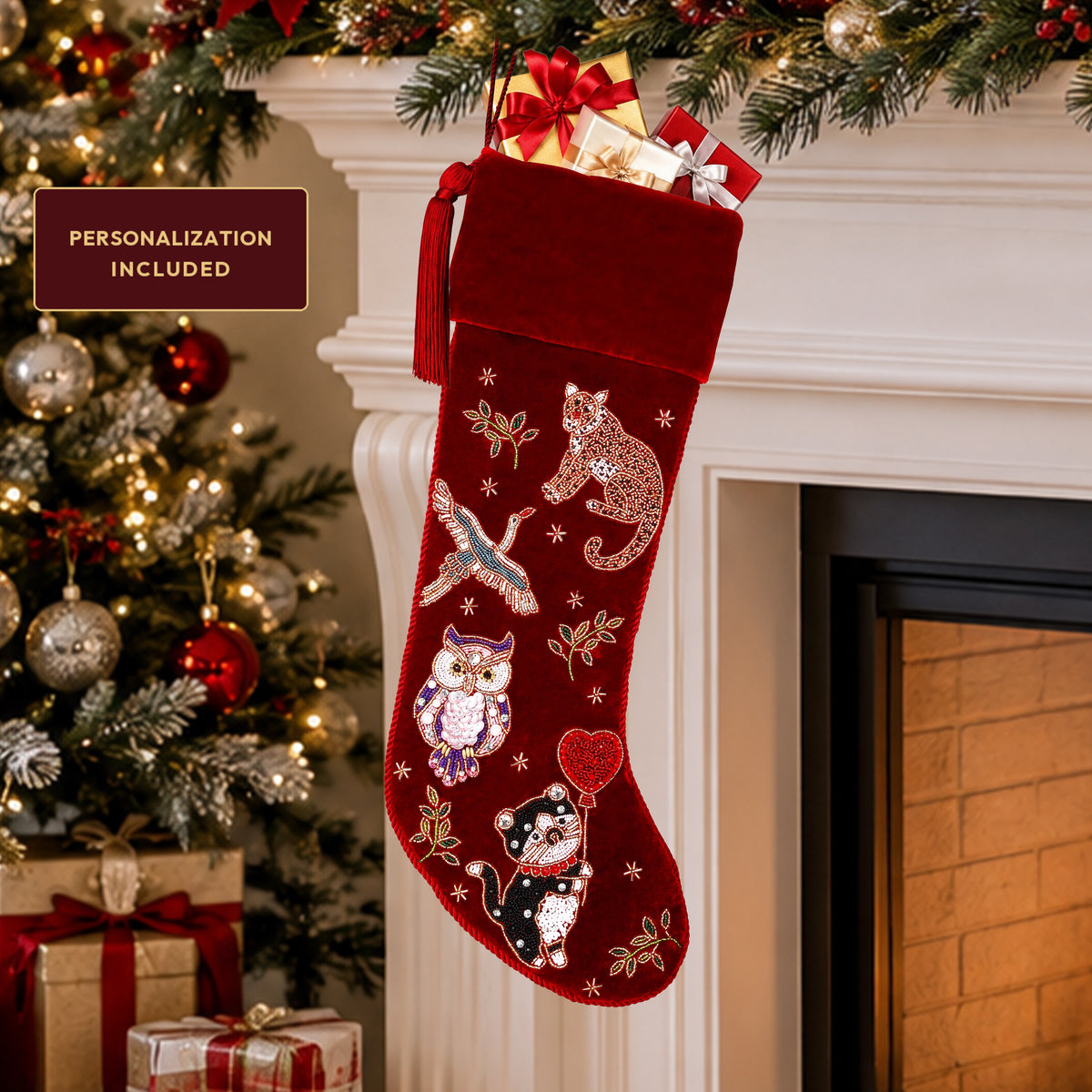 Personalized Beaded Animal Red Velvet Christmas Stocking