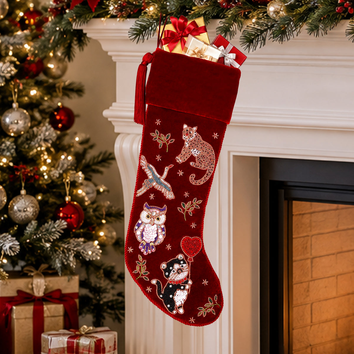 Personalized Beaded Animal Red Velvet Christmas Stocking