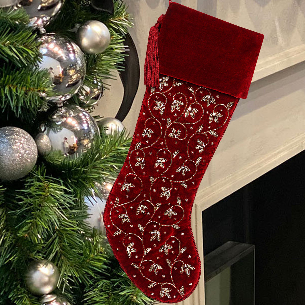 Personalised Intricate leaf Christmas Stocking- Red Velvet Christmas stocking Embroided with intricate leaf