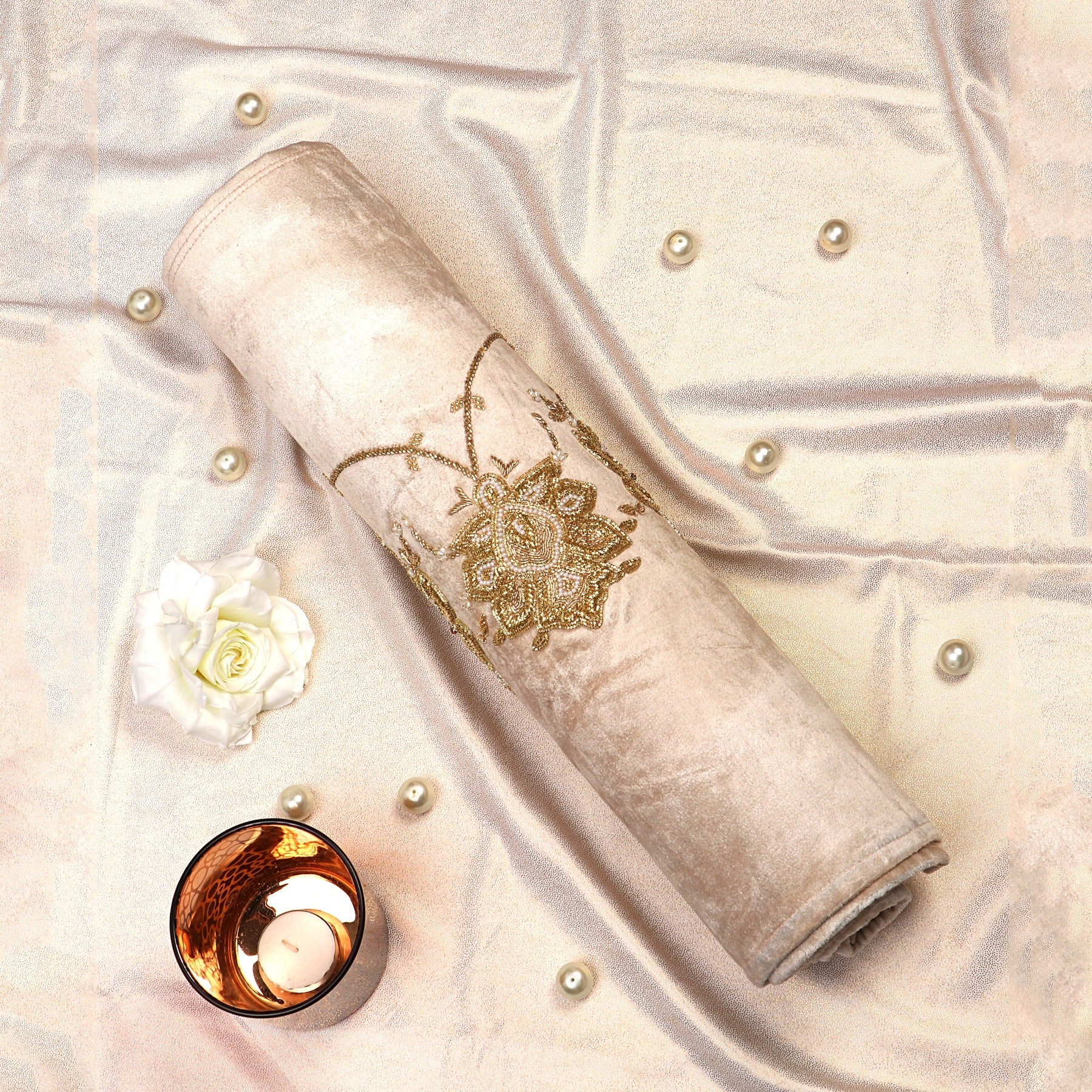 The Victorian Beige Velvet Bed Runner With Matching Decorative Throw Pillows Beaded in victorian Leaf