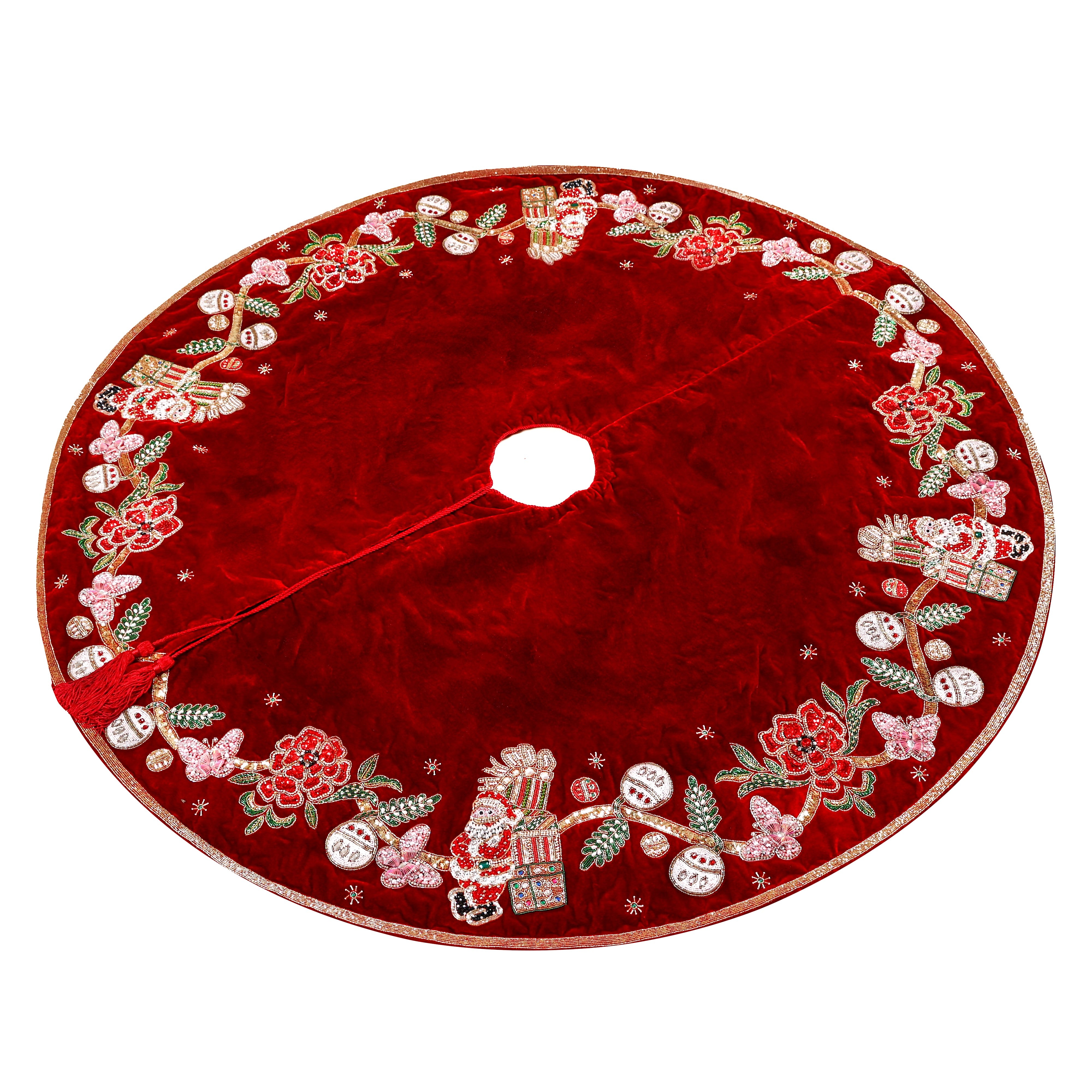 Beaded The Santa Story book Red velvet Christmas Tree Skirt