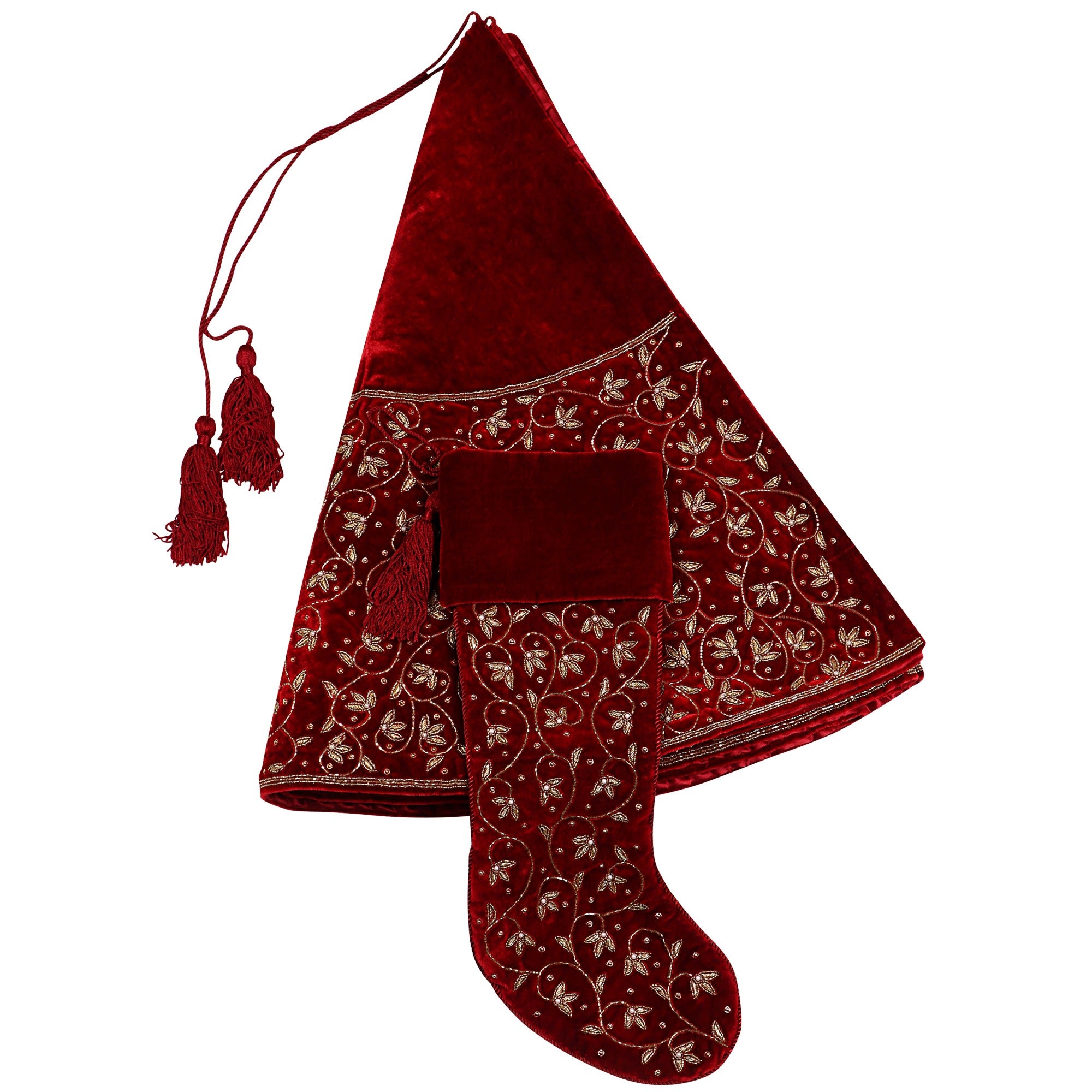 INTIMATE LEAF JAAL RED VELVET CHRISTMAS TREE SKIRT & MATCHING CHRISTMAS STOCKING SET