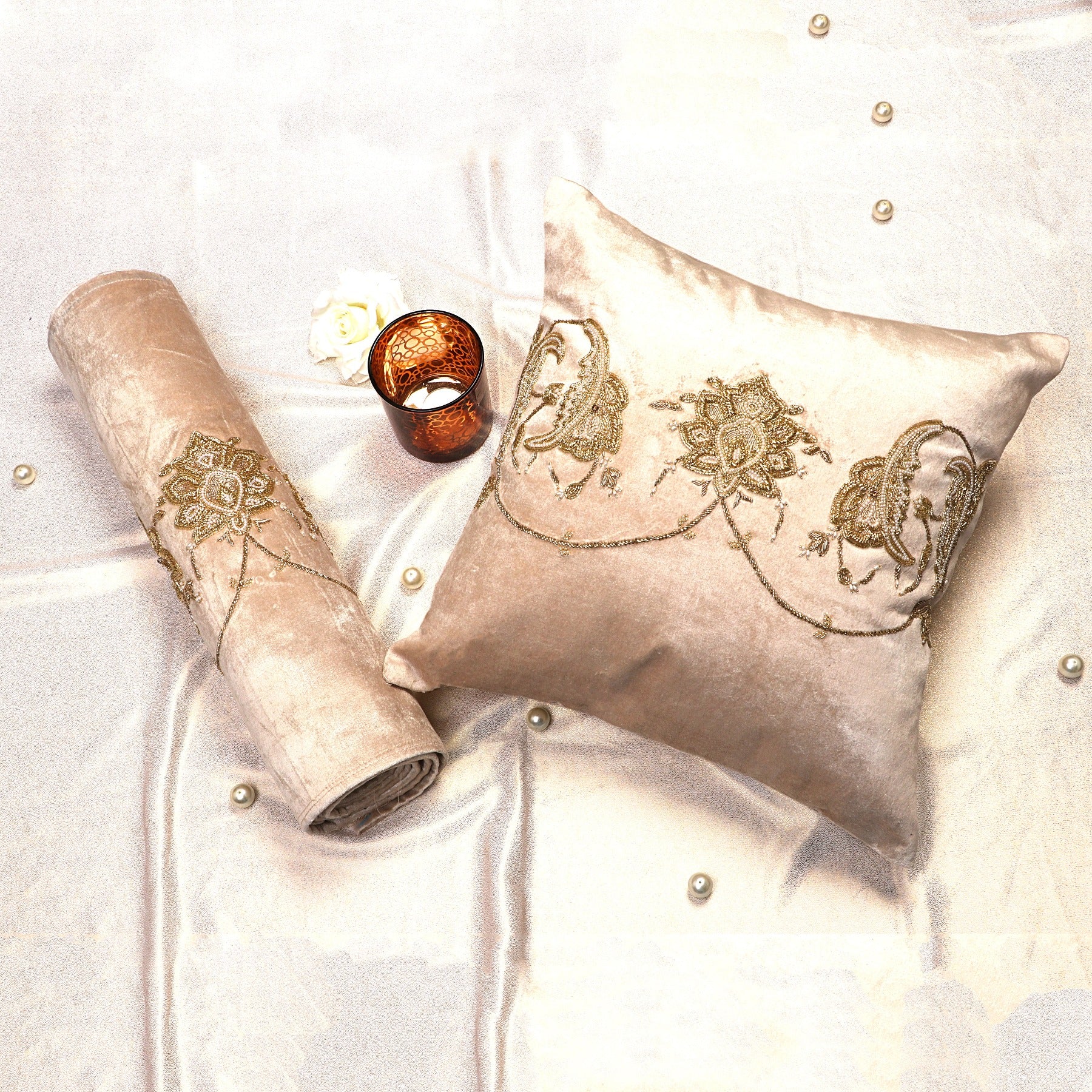 The Victorian Beige Velvet Bed Runner With Matching Decorative Throw Pillows Beaded in victorian Leaf
