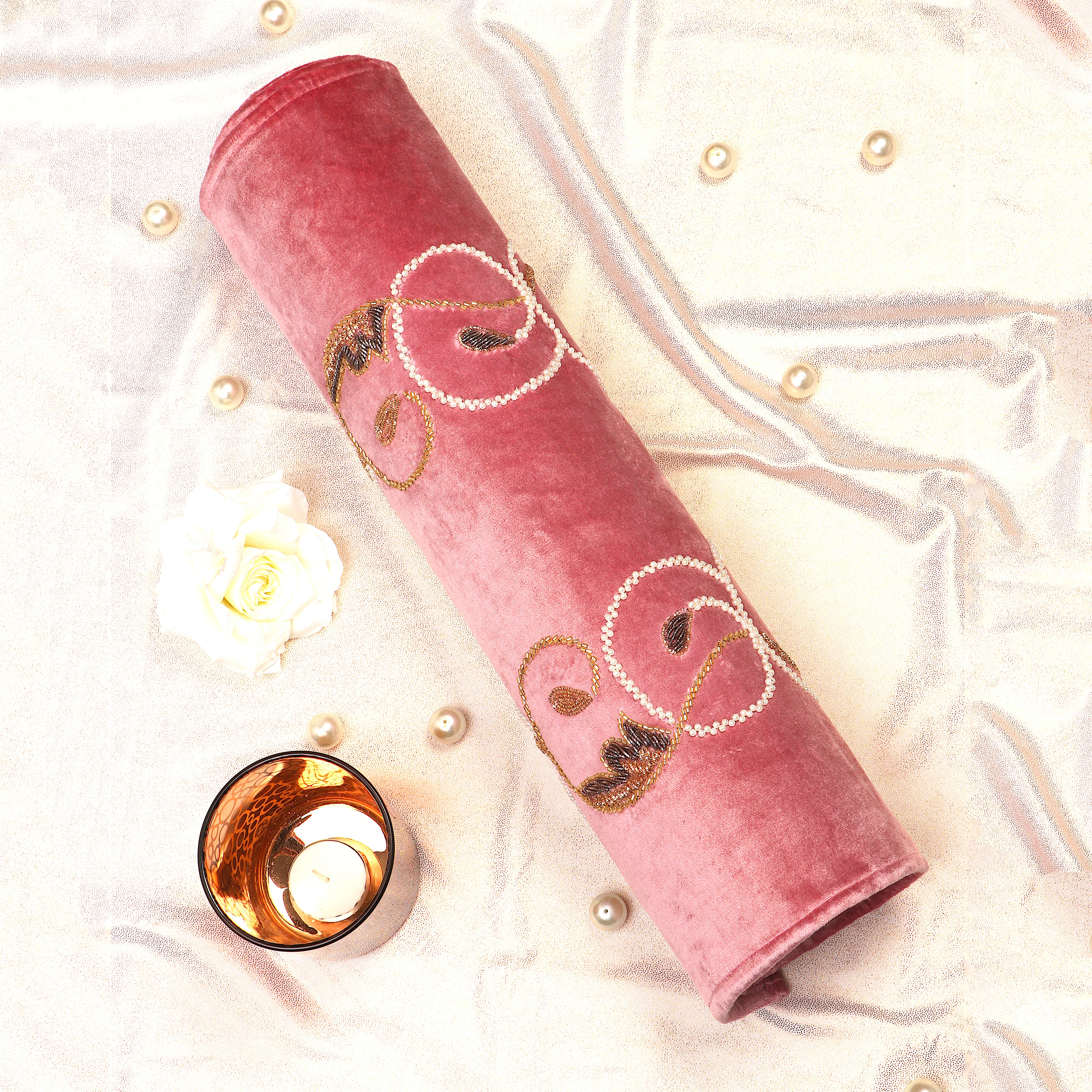 Autumn Swirl -Rose pink Velvet Bed runner With Matching Decorative Throw Pillows Handbeaded in swirl leaf pattern