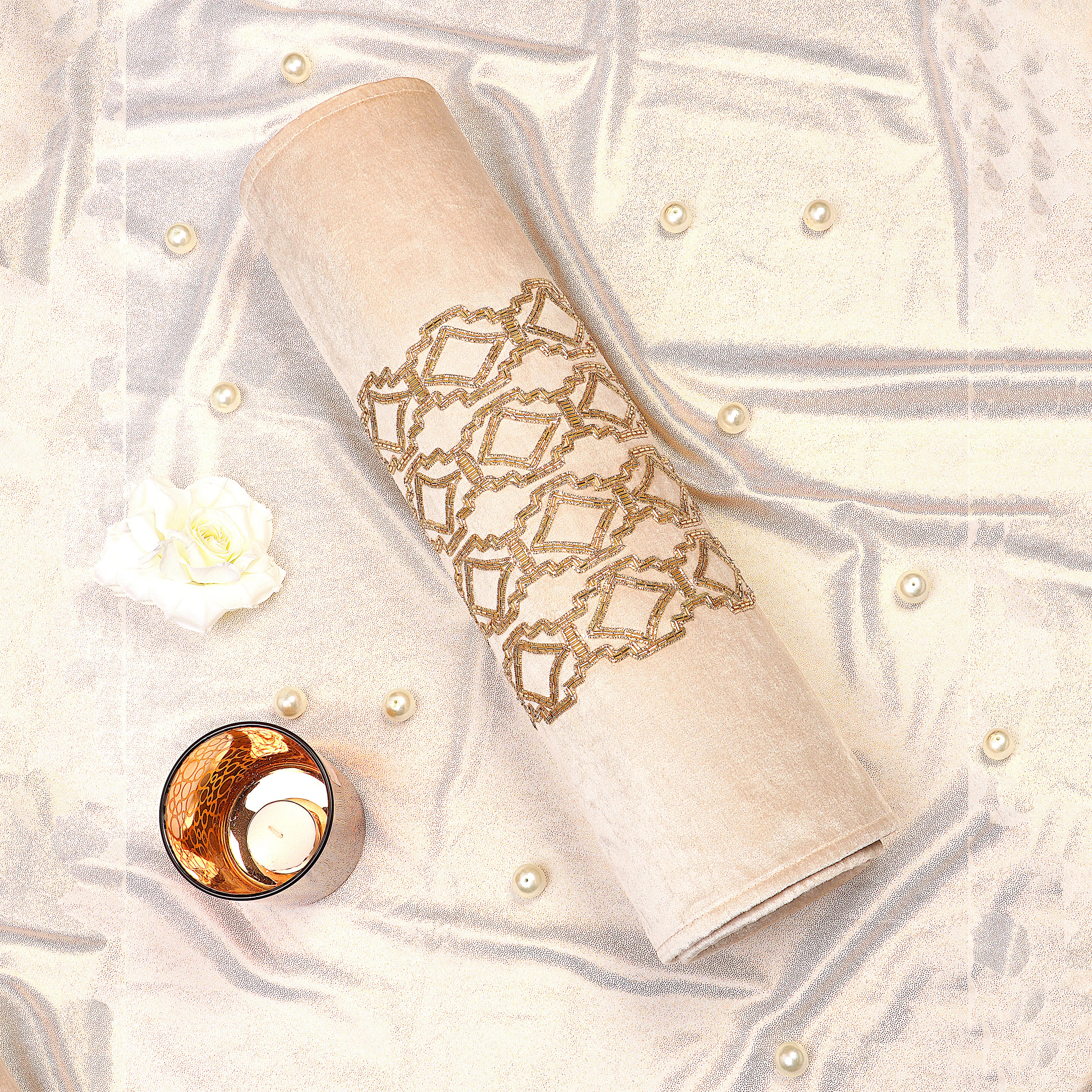 The Vintage criss cross Beige Velvet Bed Runner With Matching Decorative Throw Pillows Beaded in Criss cross pattern