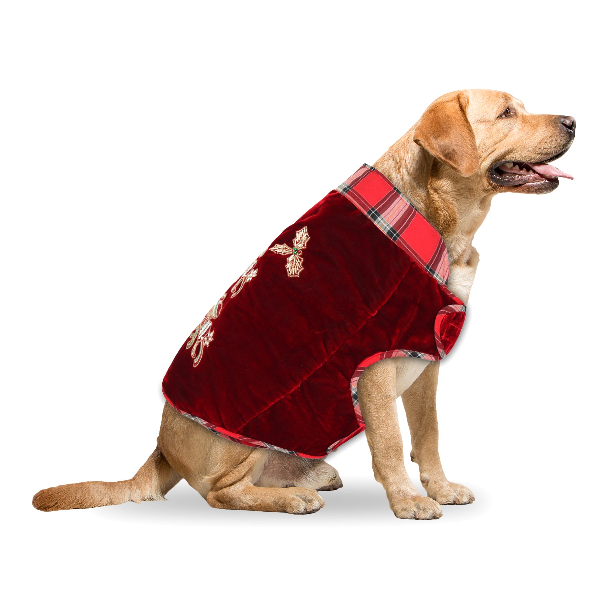 Red Christmas Dog jacket Embroided Velvet Dog jacket with Christmas Bells