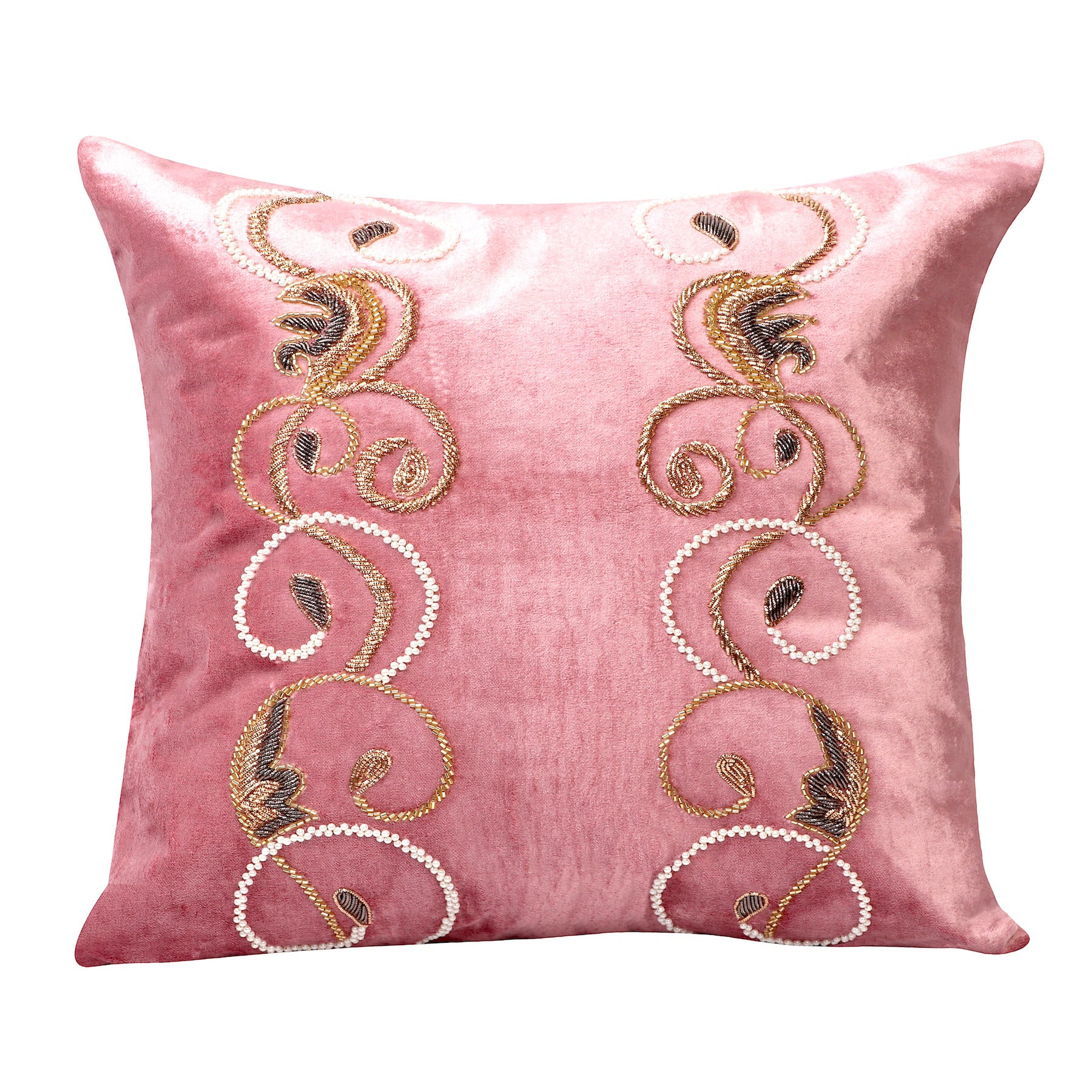 Autumn Swirl Pillow Cover -Rose pink Velvet Decorative Throw Pillow Cover Beaded in swirl leaf pattern