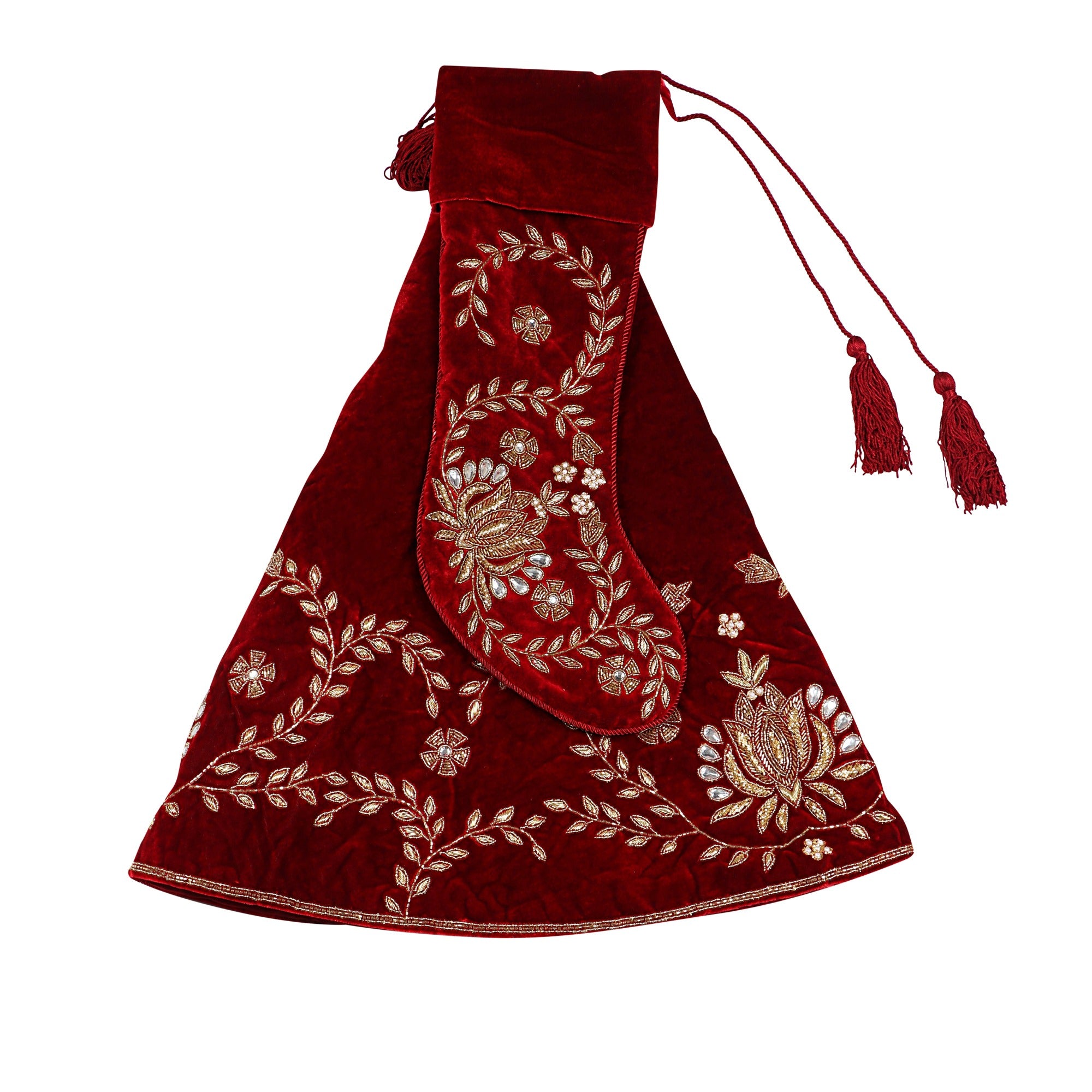 Beaded Lotus Red Velvet Christmas Tree Skirt & Matching Christmas Stocking Set