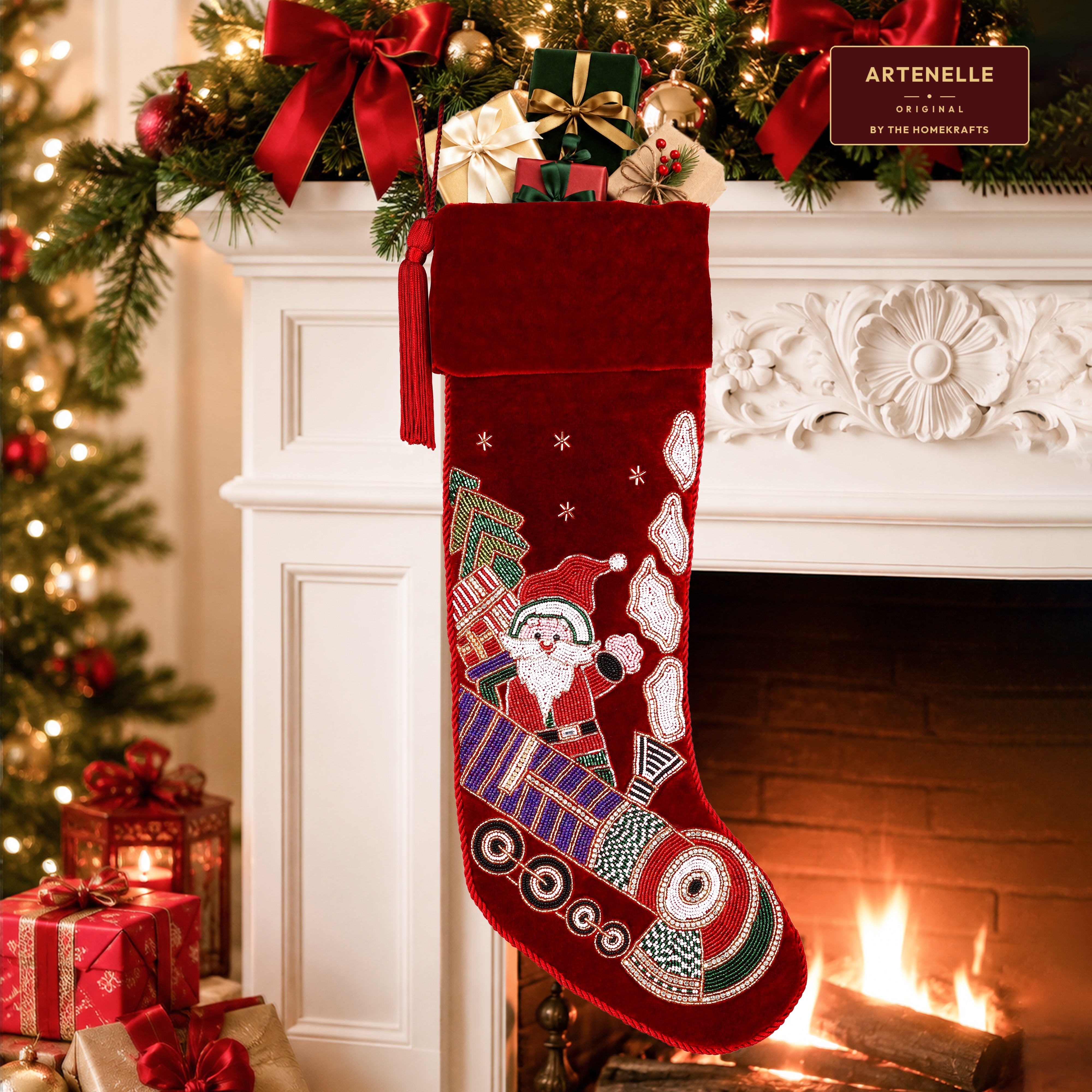 Personalized Beaded Santa on Train Red Velvet Christmas Stocking