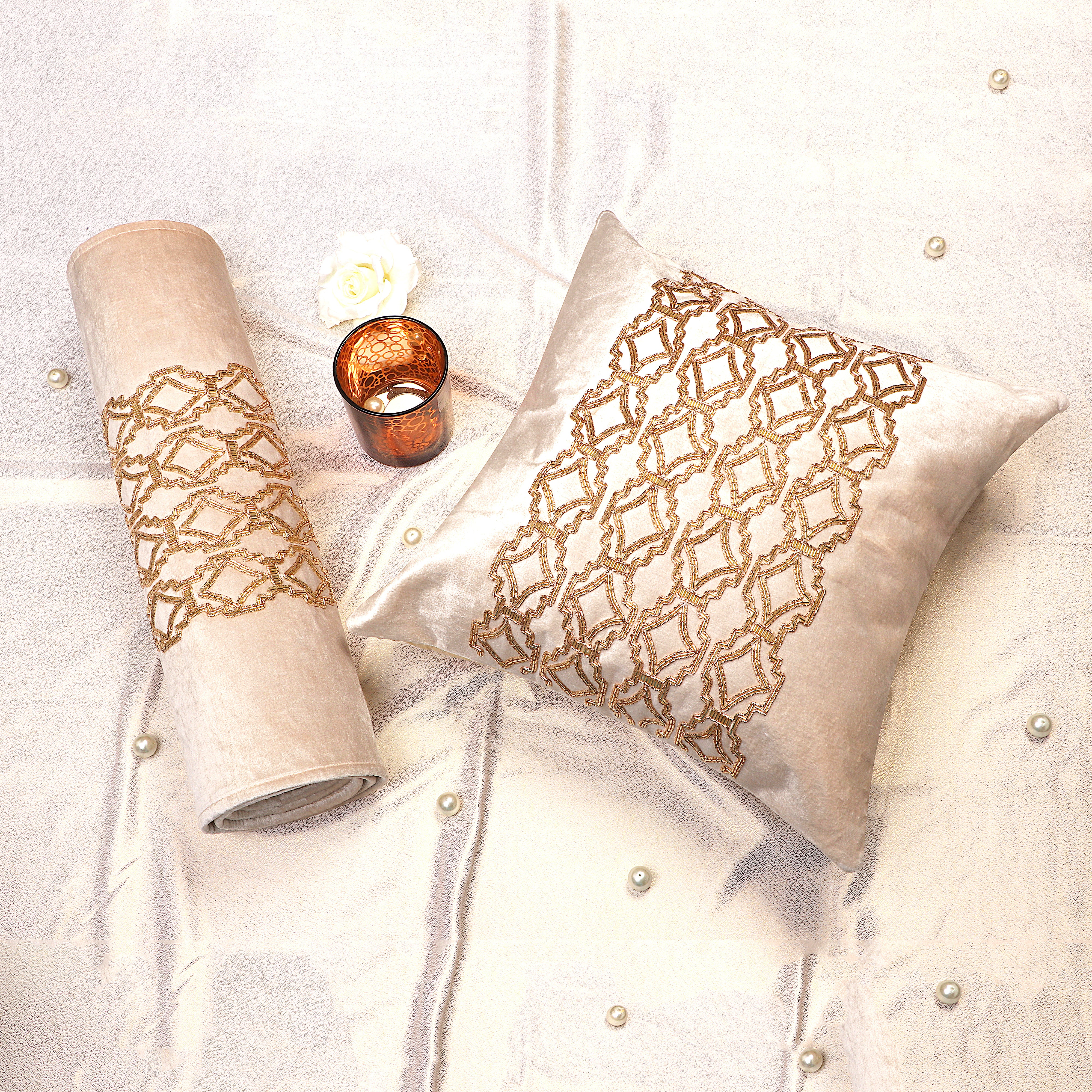 The Vintage criss cross Beige Velvet Bed Runner With Matching Decorative Throw Pillows Beaded in Criss cross pattern