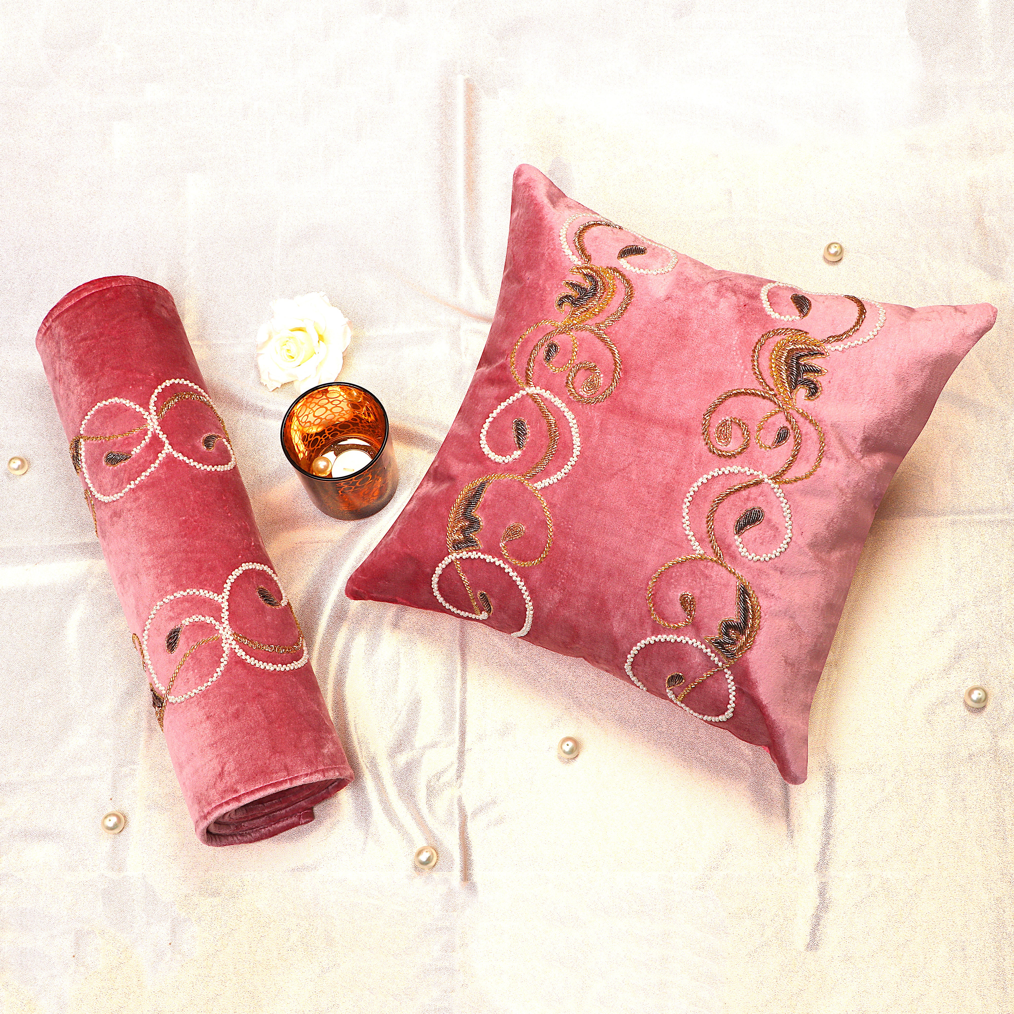 Autumn Swirl -Rose pink Velvet Bed runner With Matching Decorative Throw Pillows Handbeaded in swirl leaf pattern