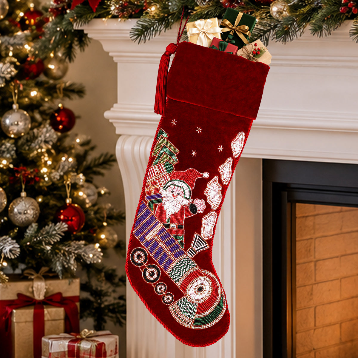Personalized Beaded Santa on Train Red Velvet Christmas Stocking
