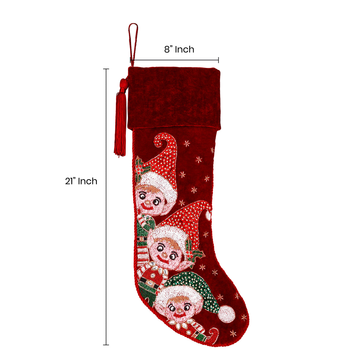 Personalized Beaded Elf Red Velvet Christmas Stocking