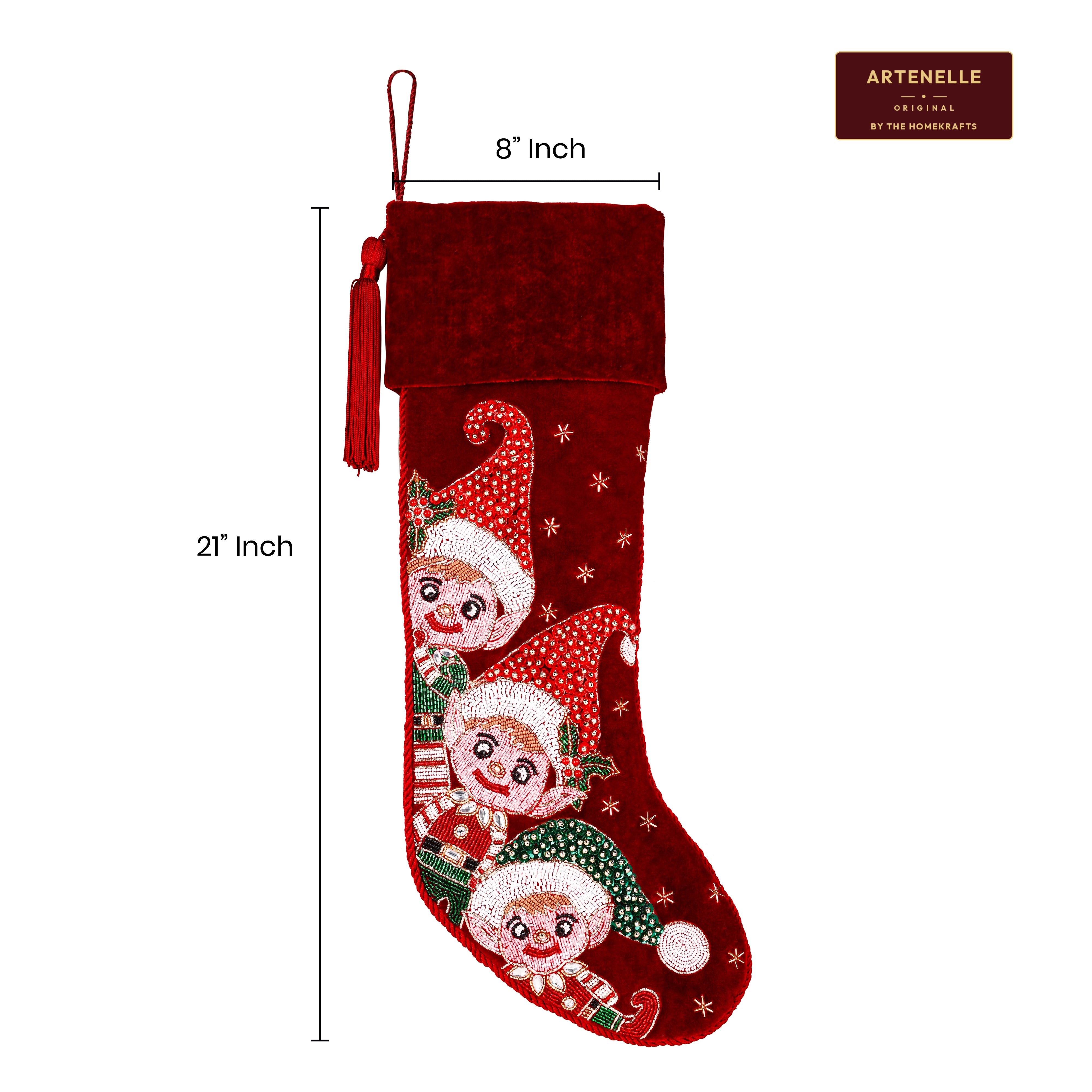Personalized Beaded Elf Red Velvet Christmas Stocking
