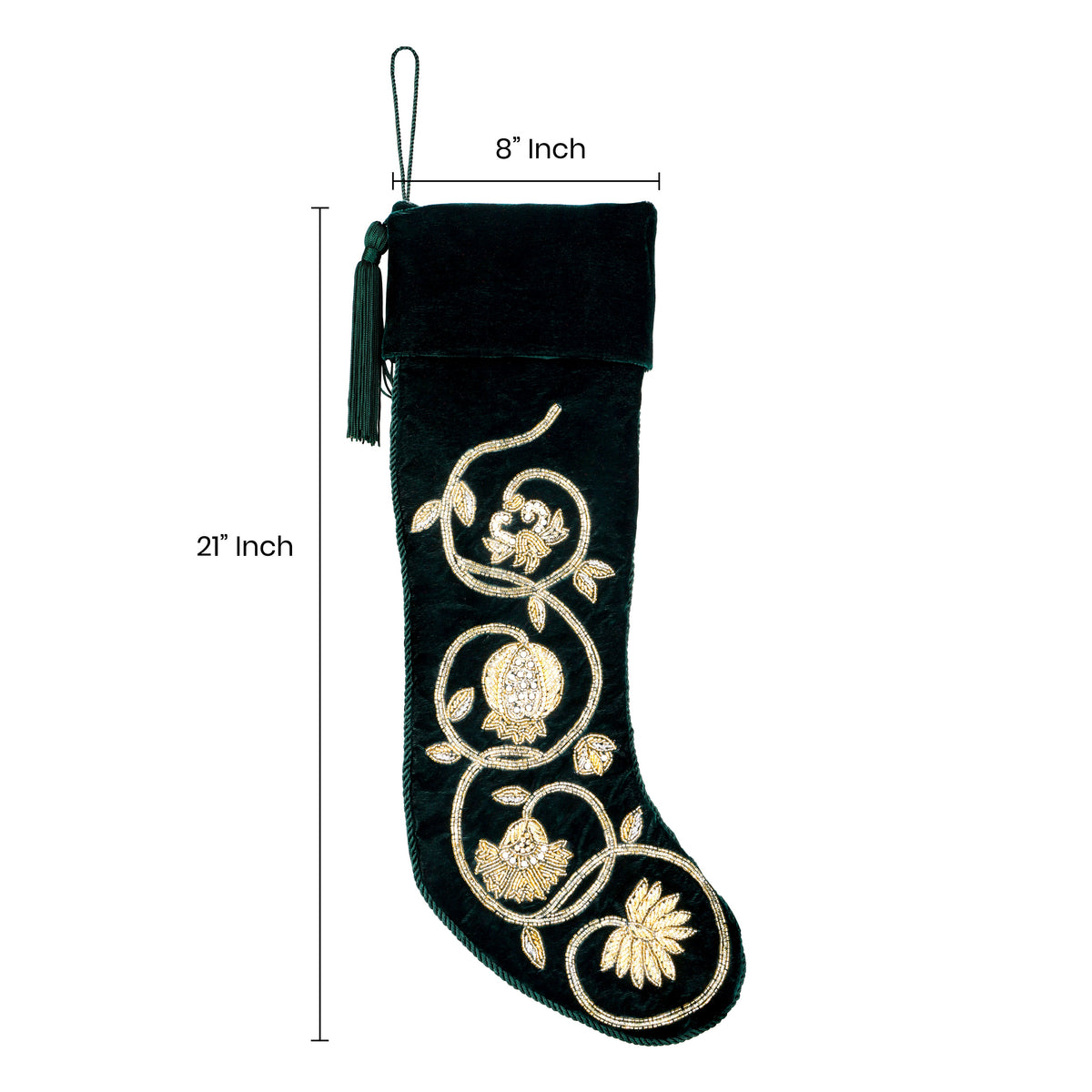 PERSONALIZED GREEN VELVET Christmas Stocking - GOLDEN GARLAND