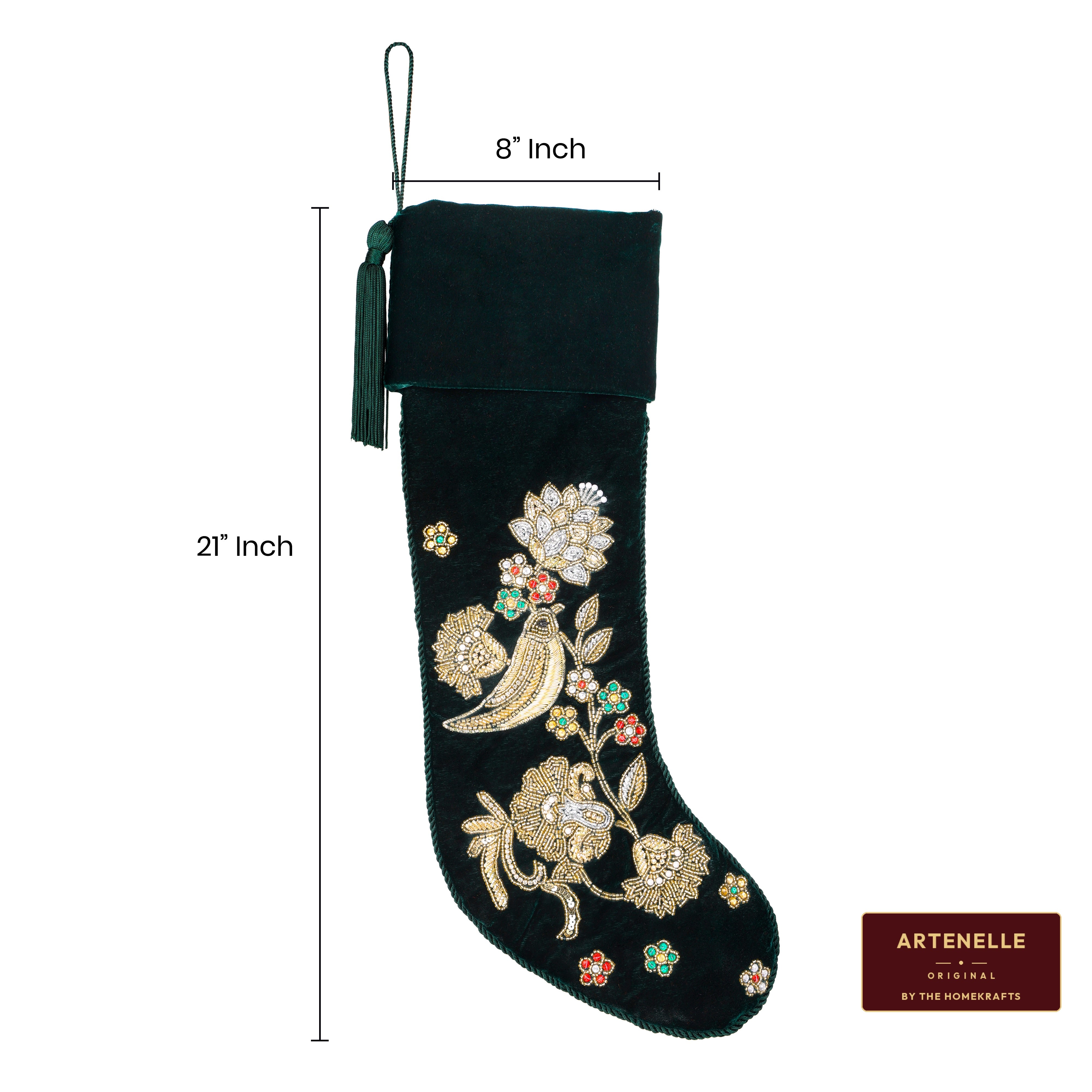 Personalized Green Velvet Christmas Stocking - Handmade Partridge Noel Song Bird