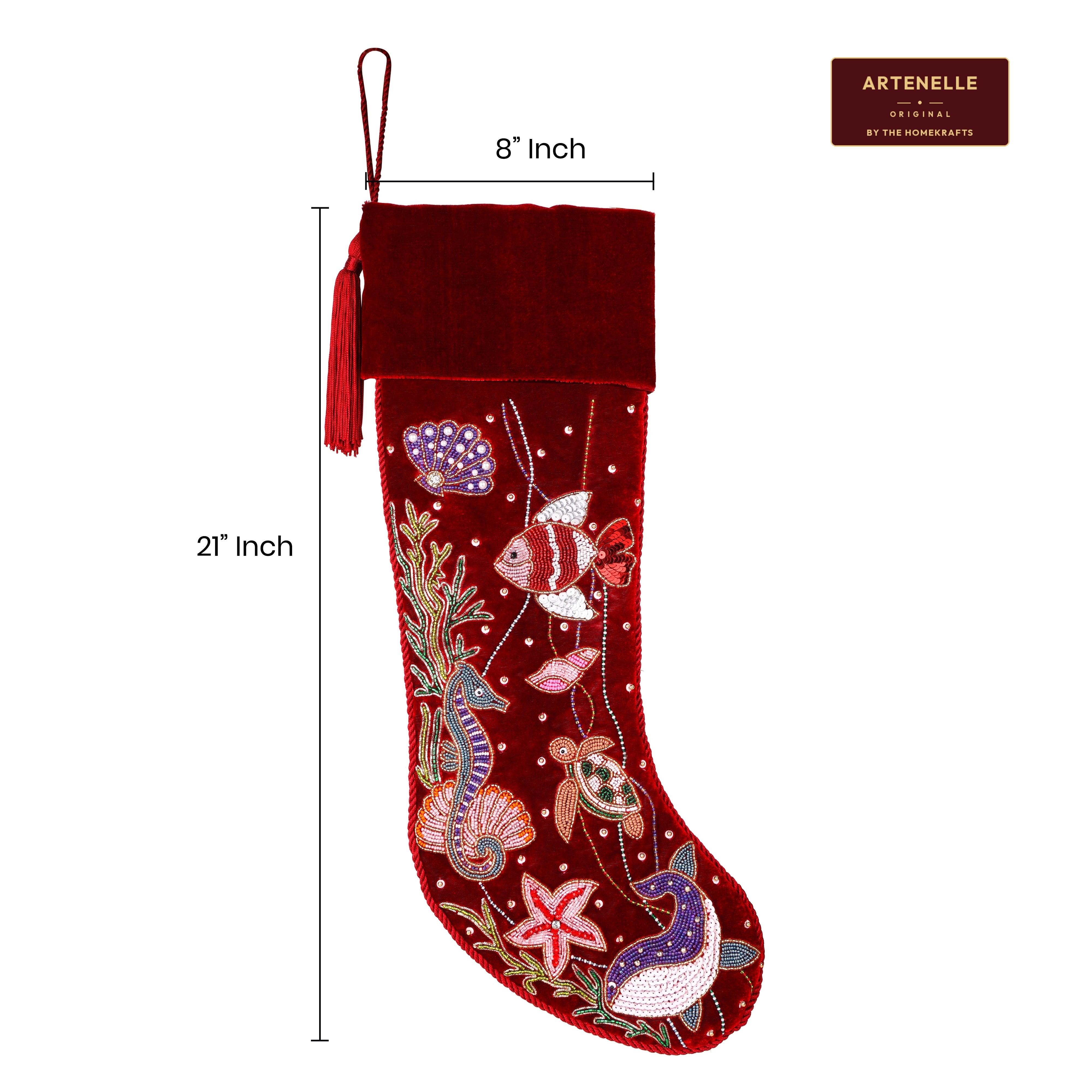 Personalized Beaded Ocean Red Velvet Christmas Stocking