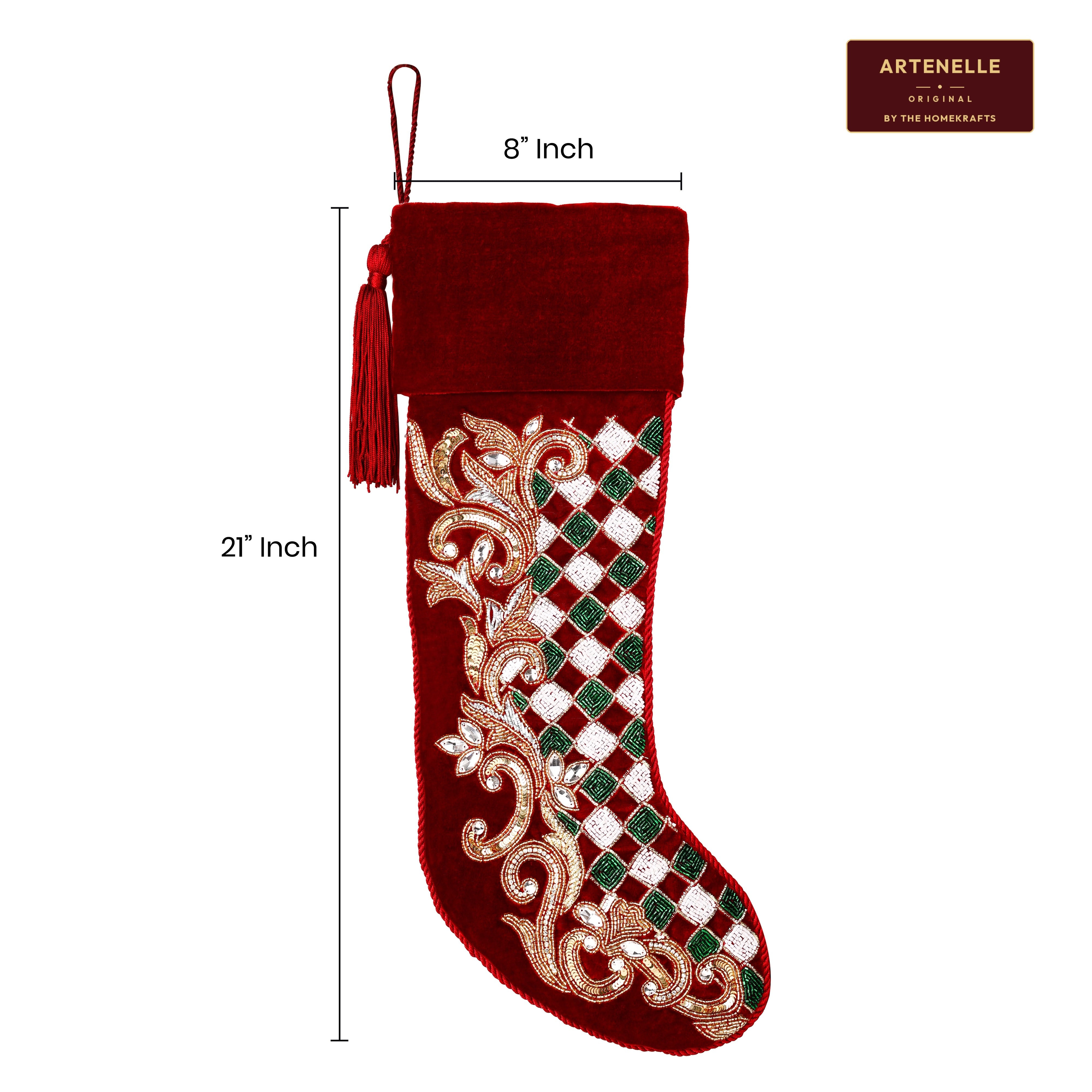 Personalized Holly leaves beaded Red Velvet Christmas stocking