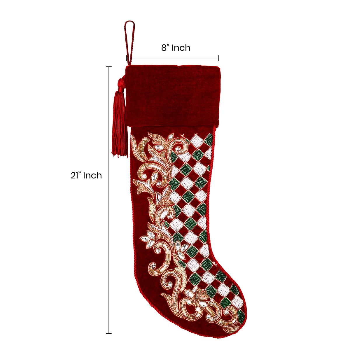 Personalized Holly leaves beaded Red Velvet Christmas stocking