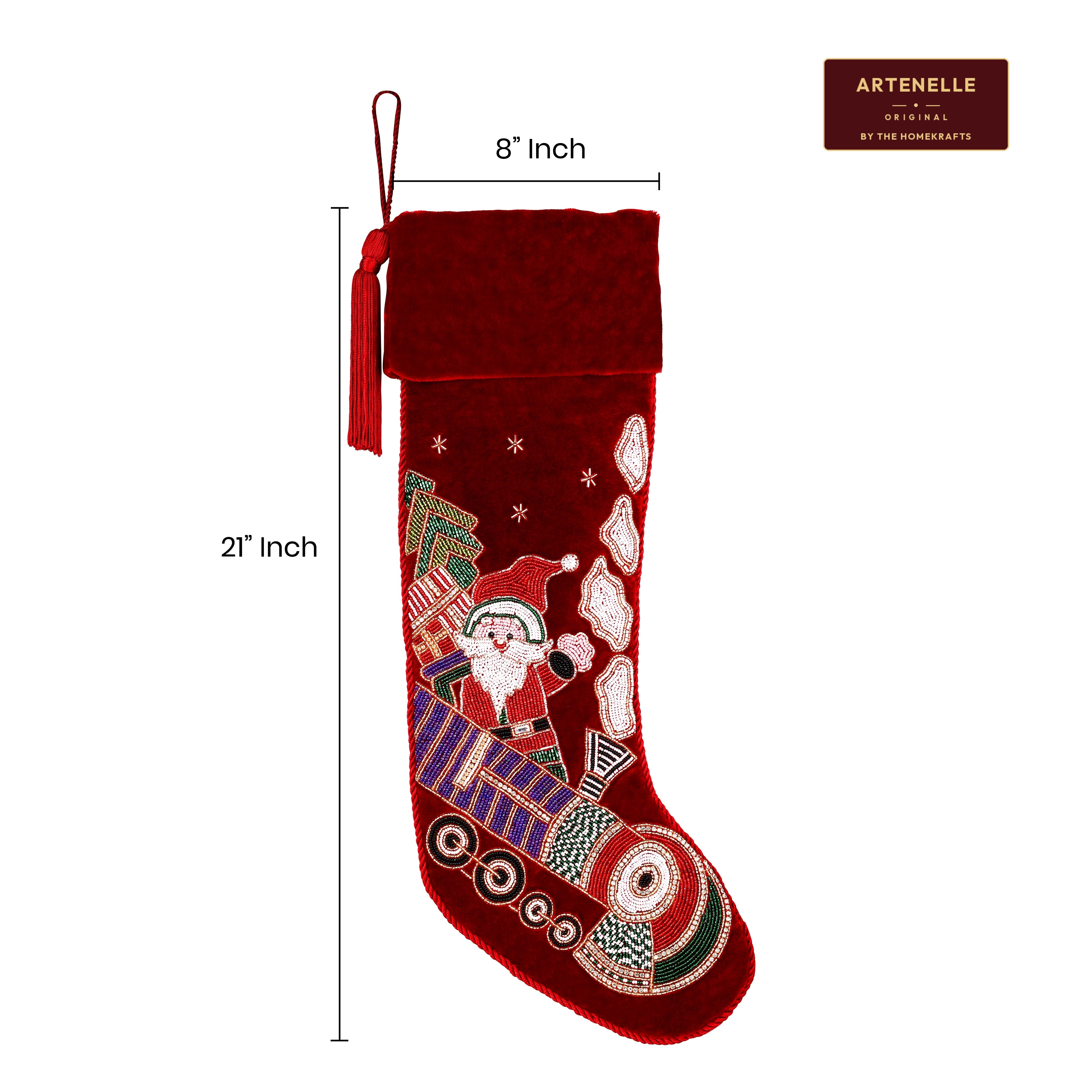 Personalized Beaded Santa on Train Red Velvet Christmas Stocking
