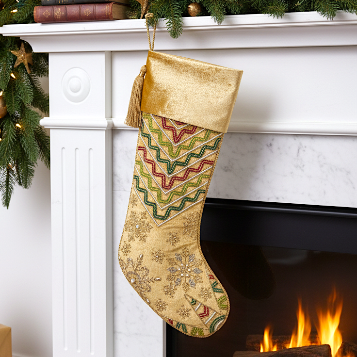 PERSONALISED STARBURST SNOWFLAKE GOLDEN VELVET CHRISTMAS STOCKING