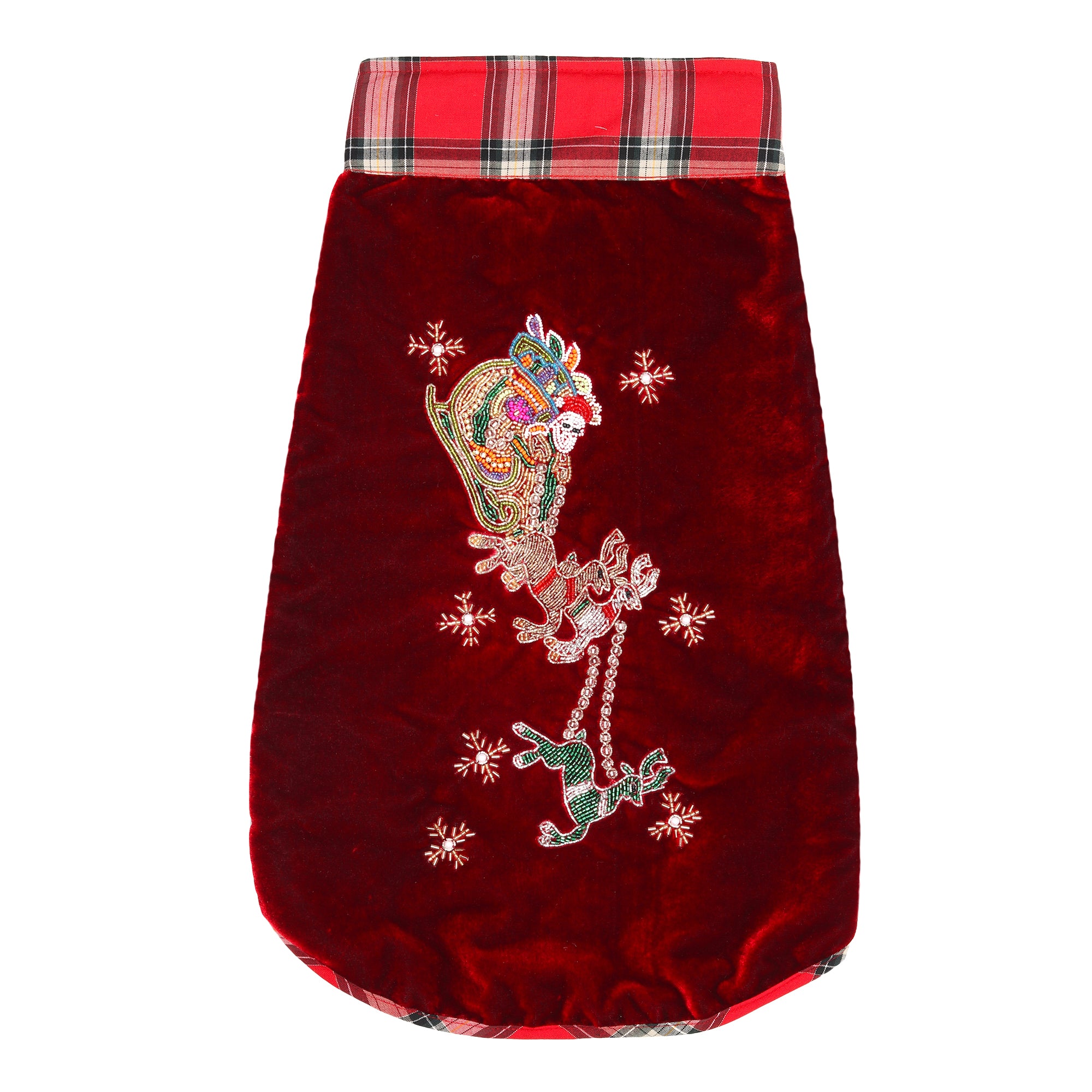Red Christmas Dog jacket Embroided Velvet Dog jacket with Santa Reindeer Carriage