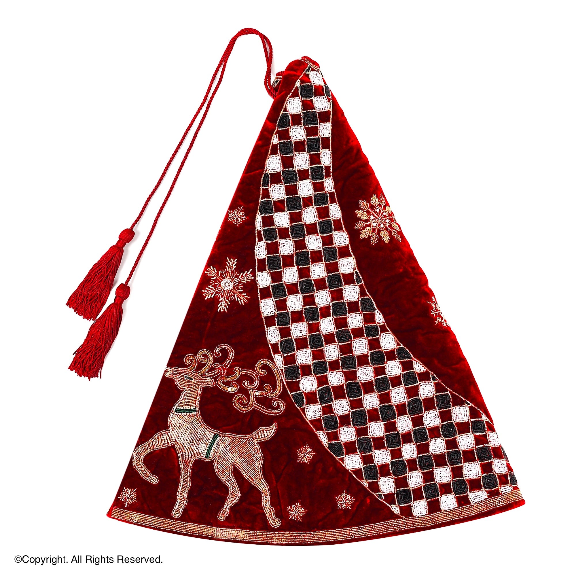 Reindeer Check Parade Red Velvet Christmas Tree Skirt