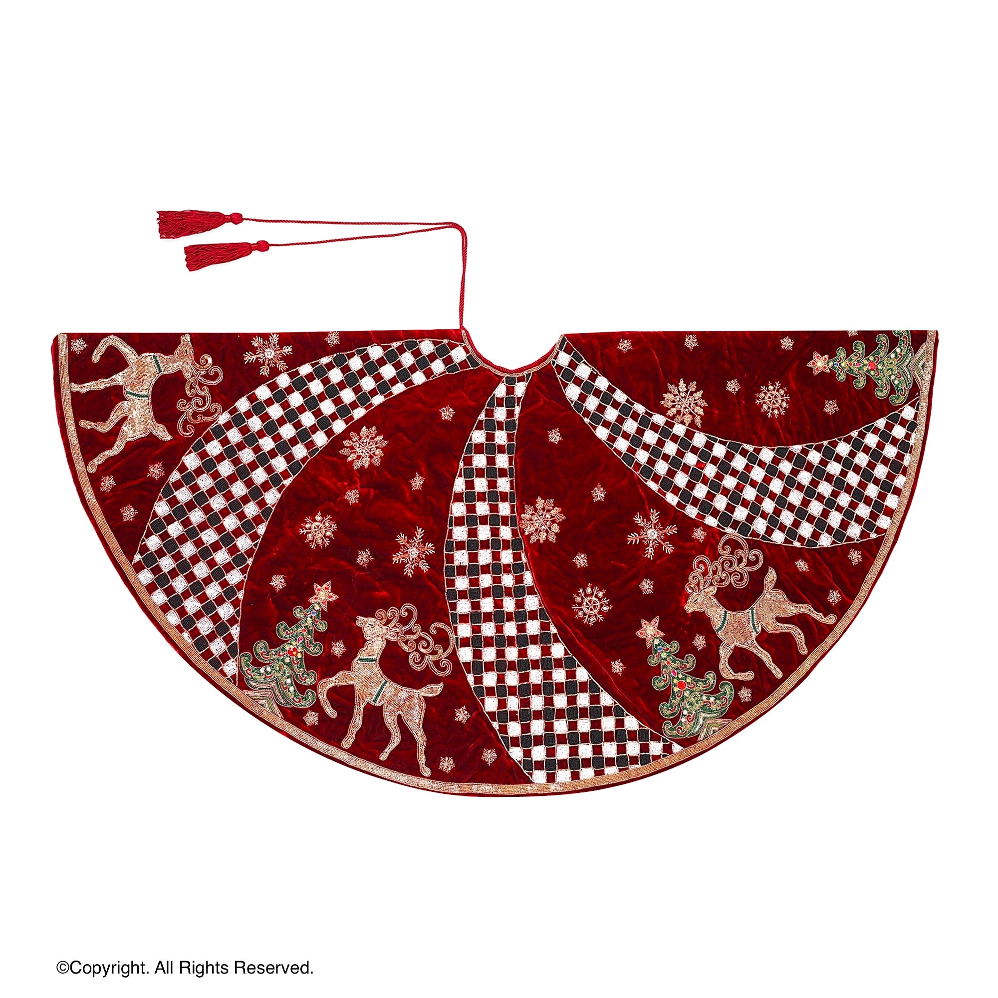 Reindeer Check Parade Red Velvet Christmas Tree Skirt