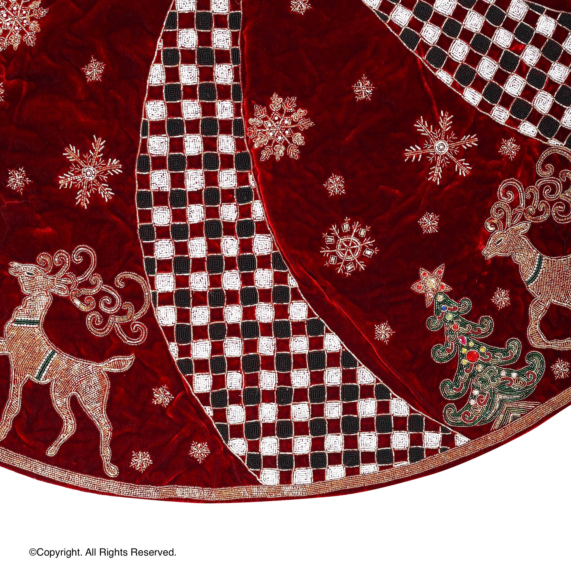 Reindeer Check Parade Red Velvet Christmas Tree Skirt