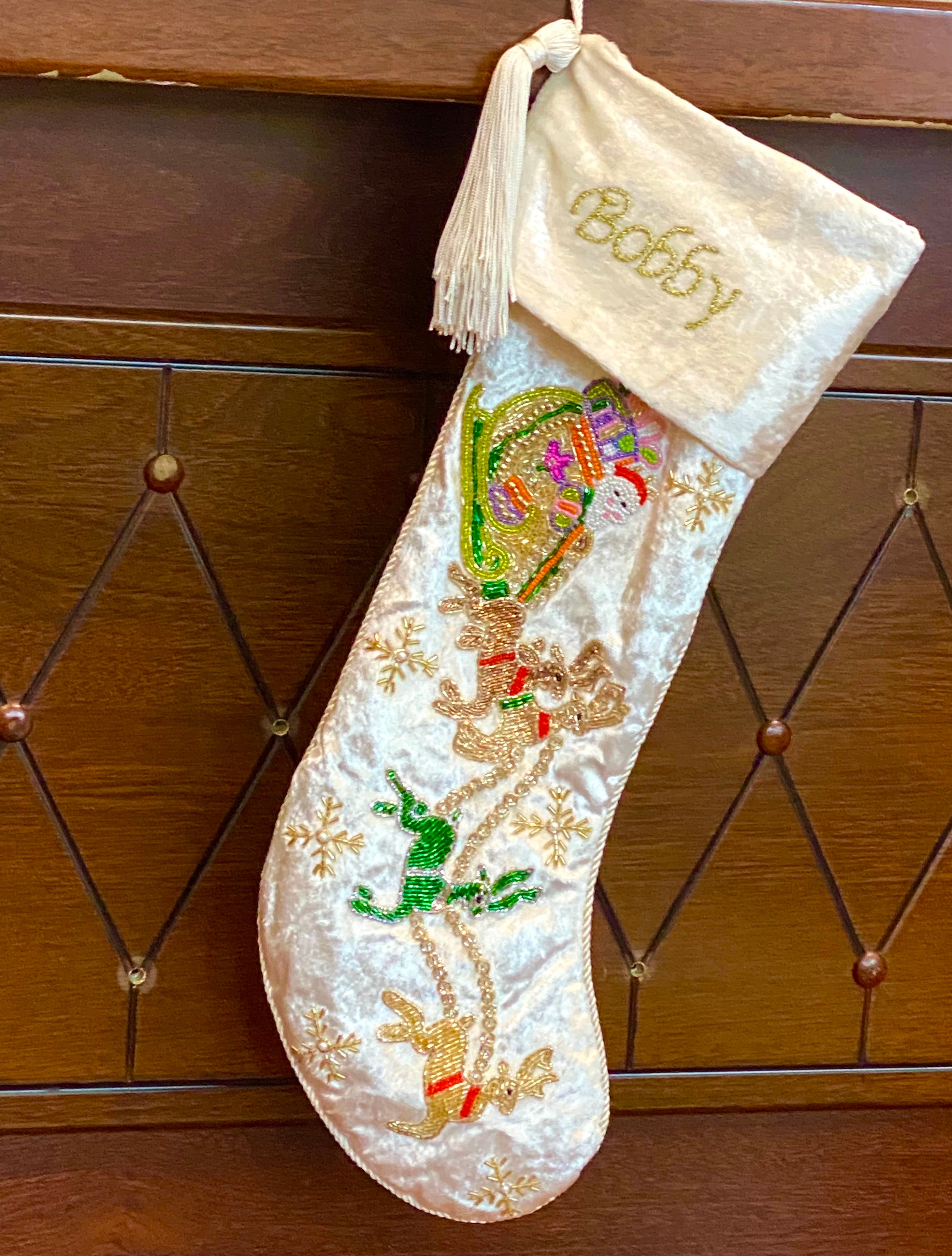 PERSONALISED SANTA CARRIAGE WHITE VELVET CHRISTMAS STOCKING