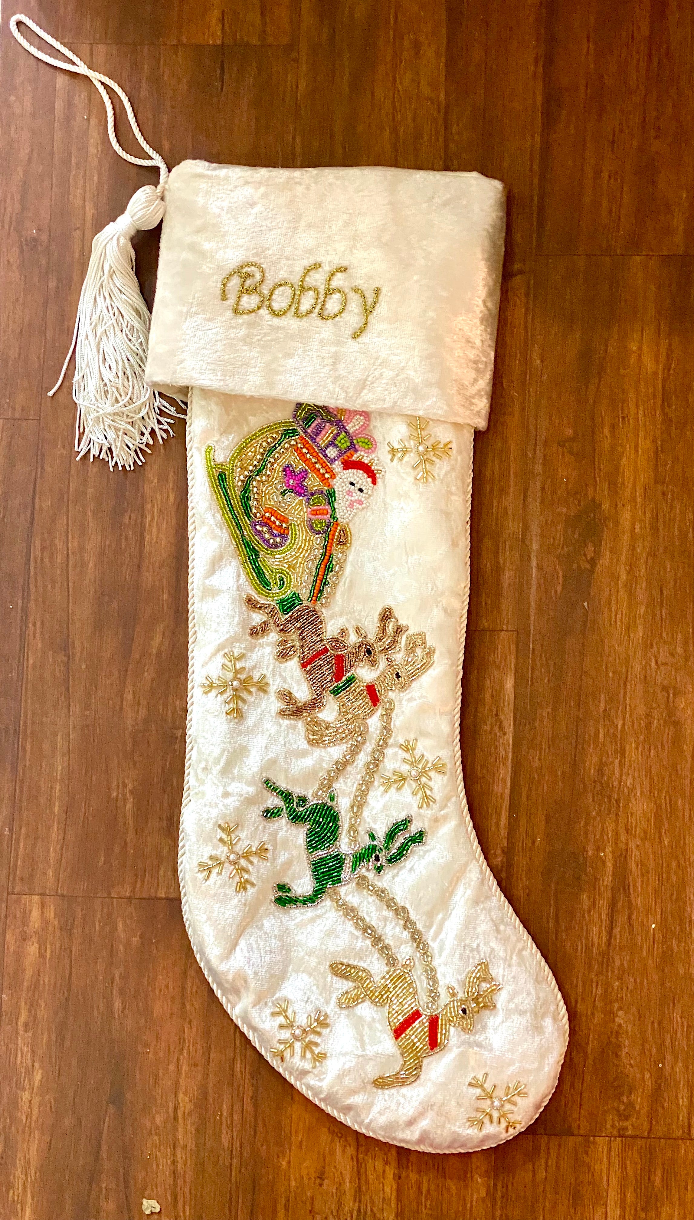 PERSONALISED SANTA CARRIAGE WHITE VELVET CHRISTMAS STOCKING