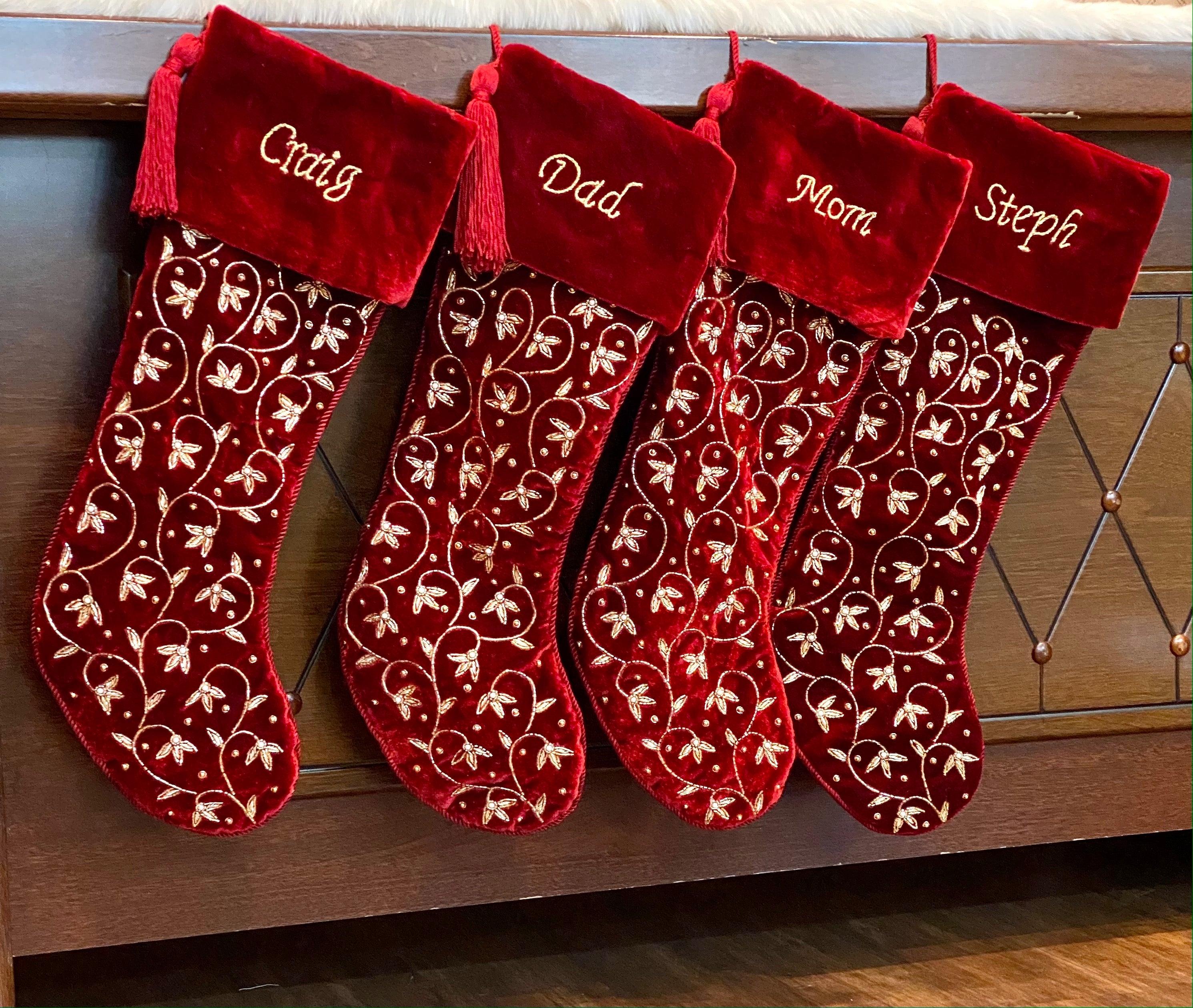 Personalised Intricate leaf Christmas Stocking- Red Velvet Christmas stocking Embroided with intricate leaf