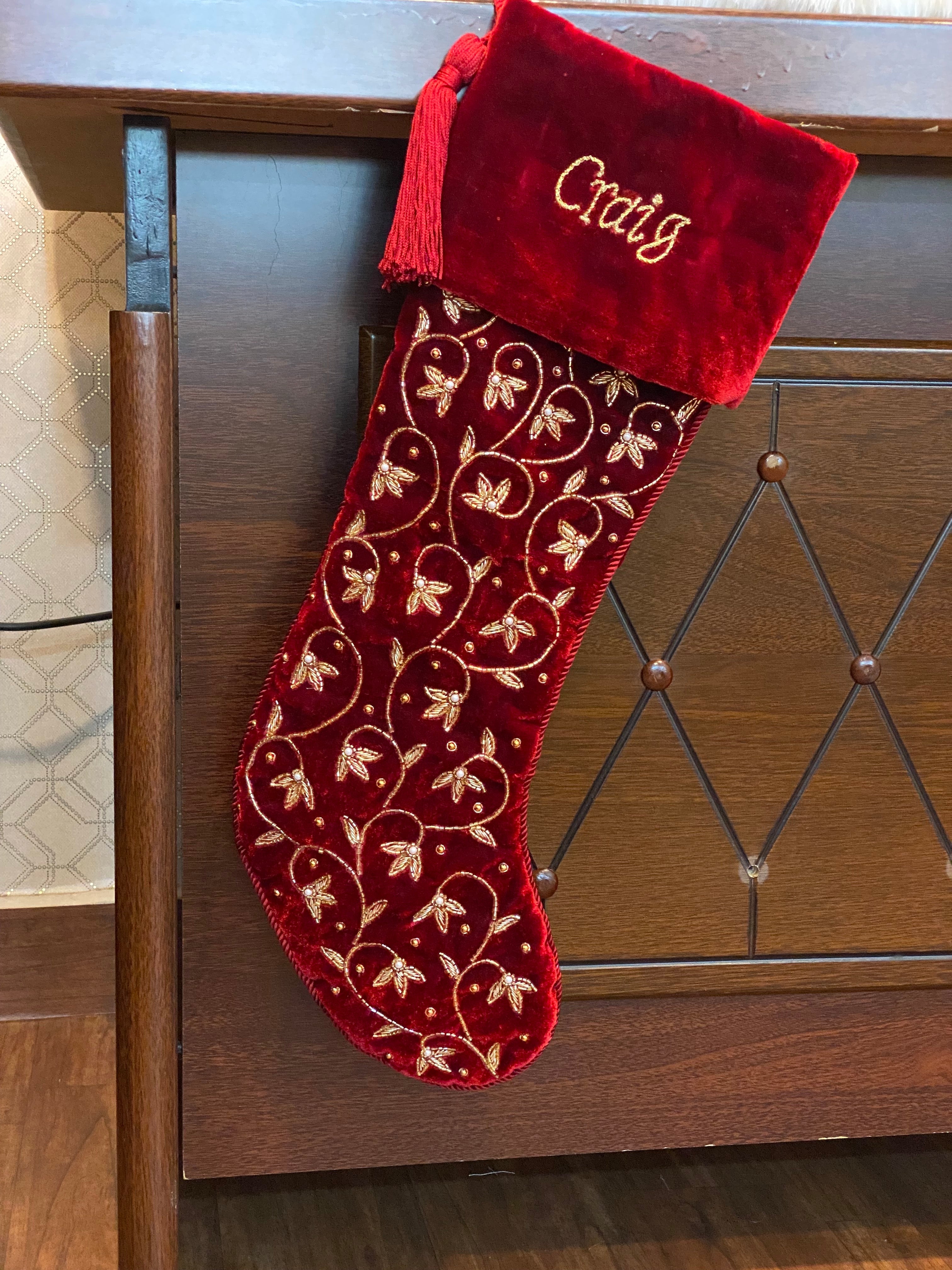 ORNAMENT, INTRICATE LEAF, BELL VELVET RED & WHITE 3 PIECE CHRISTMAS STOCKING SET