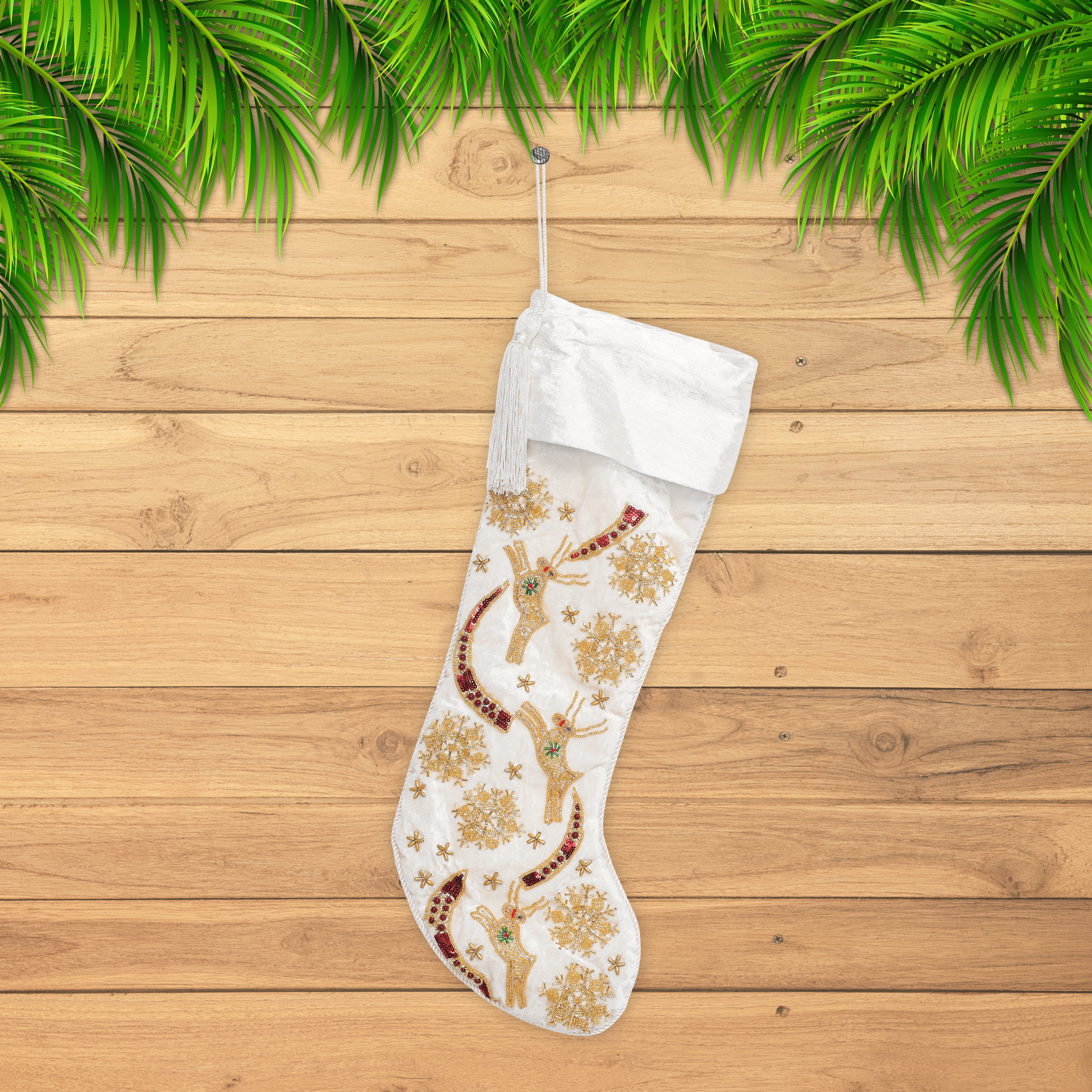 PERSONALISED REINDEER SNOWFLAKE WHITE VELVET CHRISTMAS STOCKING