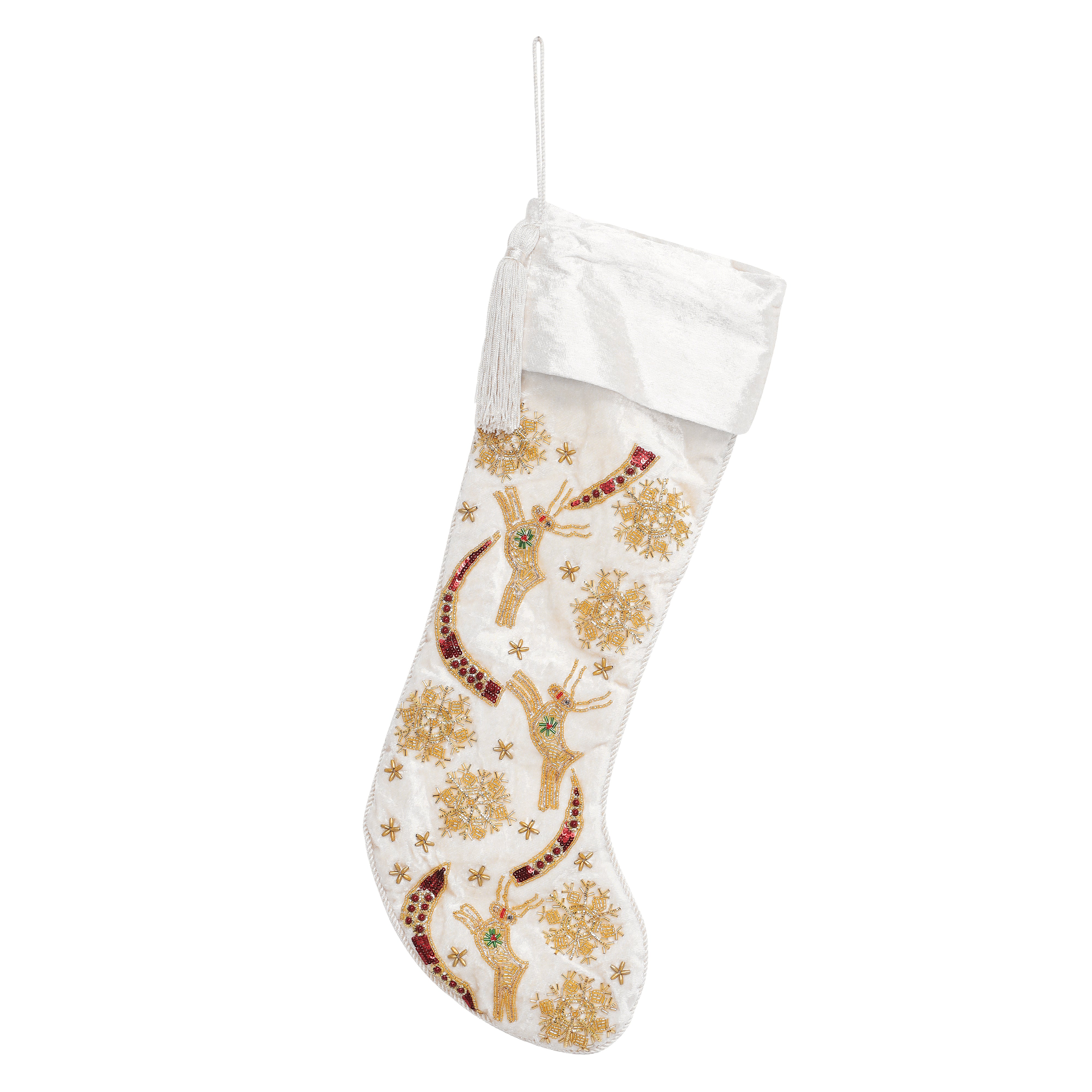 PERSONALISED REINDEER SNOWFLAKE WHITE VELVET CHRISTMAS STOCKING