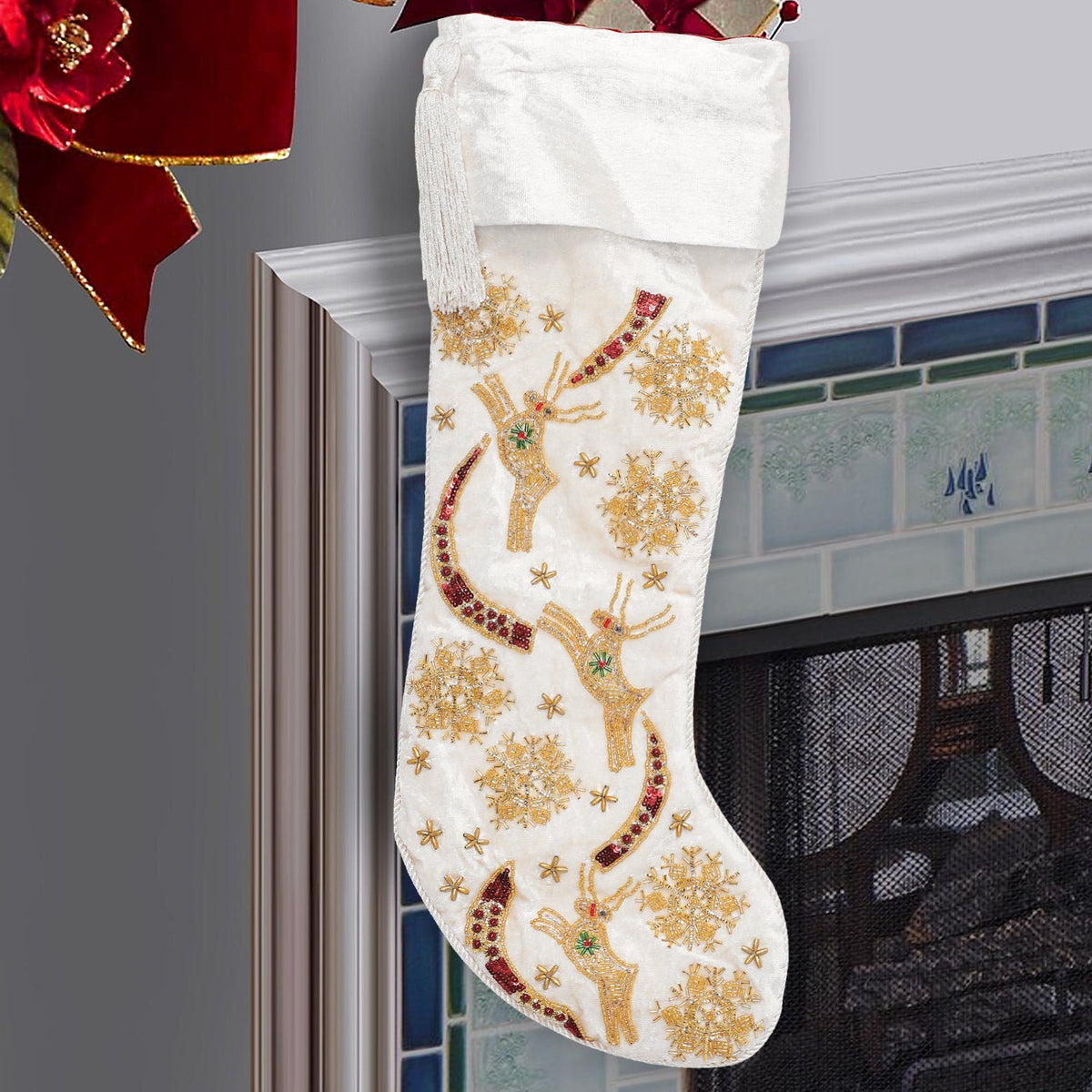 PERSONALISED REINDEER SNOWFLAKE WHITE VELVET CHRISTMAS STOCKING