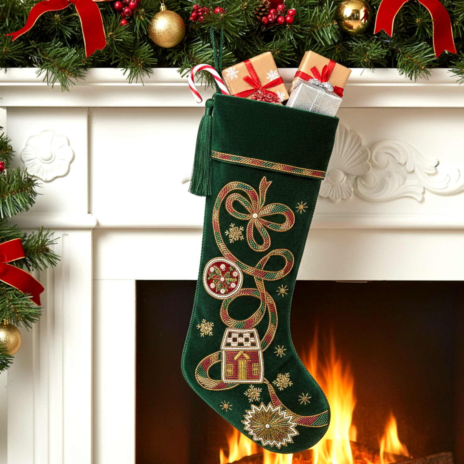 PERSONALISED HOLIDAY RIBBON GREEN VELVET CHRISTMAS STOCKING