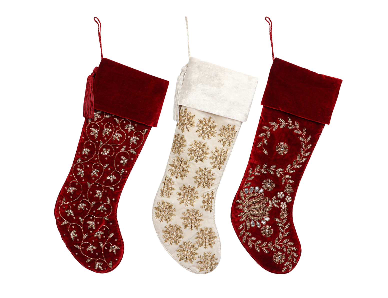 LOTUS LEAF & SNOWFLAKES RED & WHITE 3 PIECE CHRISTMAS STOCKING SET