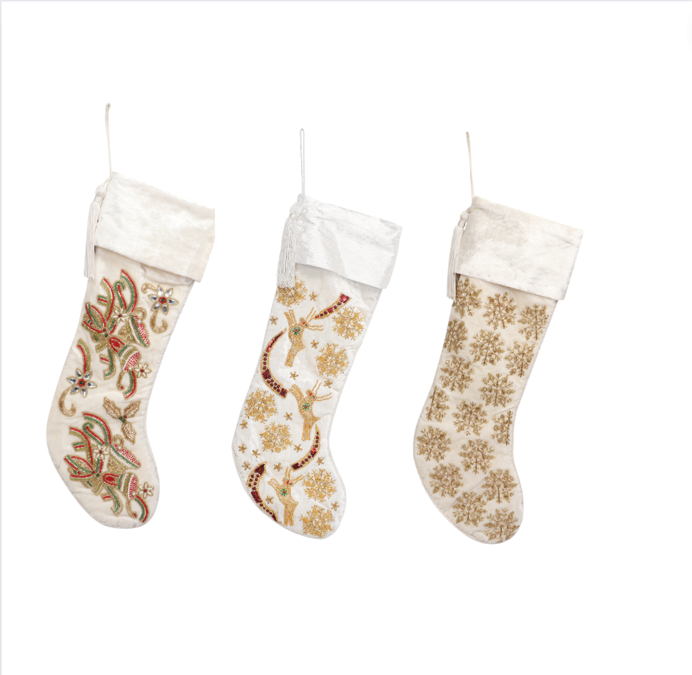 BELLS DEER & SNOWFLAKE WHITE VELVET 3 PIECE CHRISTMAS STOCKING SET